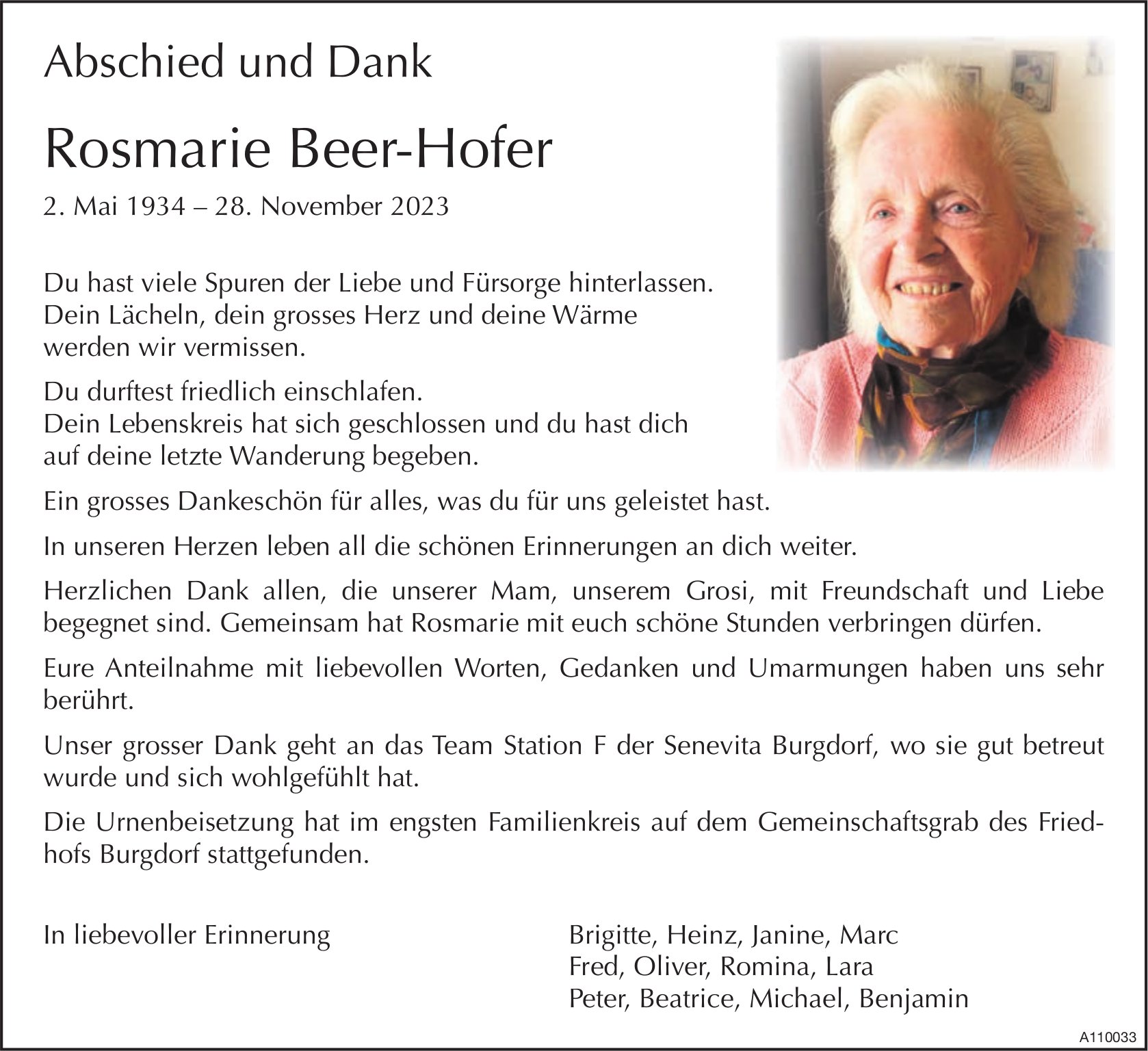 Rosmarie Beer-Hofer, im Dezember 2023 / TA + DS