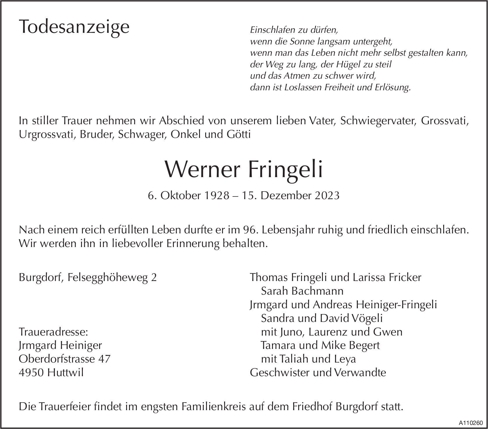Werner Fringeli, Dezember 2023 / TA