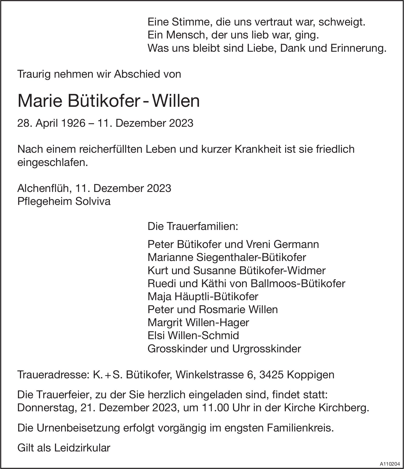 Marie Bütikofer - Willen, Dezember 2023 / TA