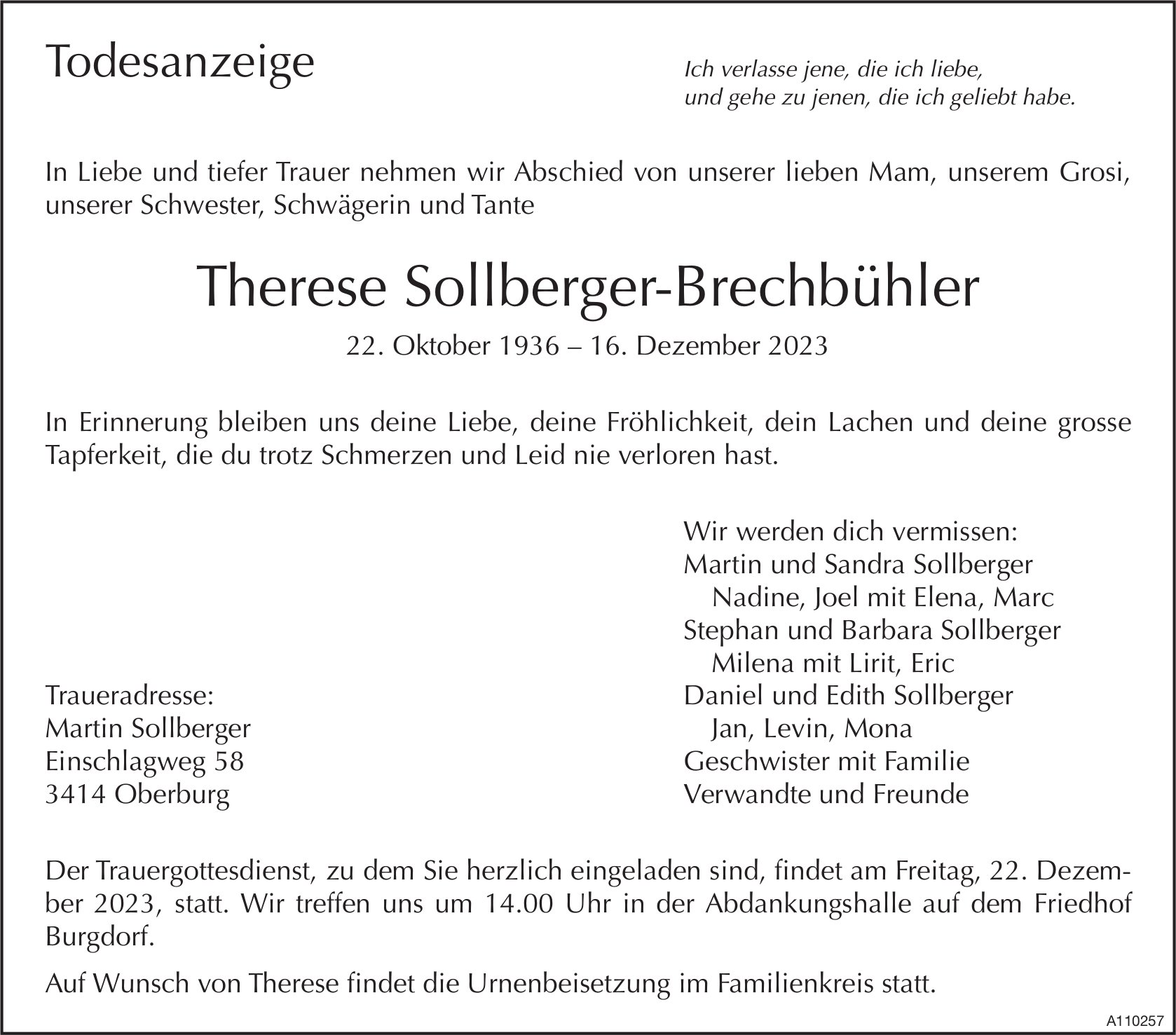 Therese Sollberger-Brechbühler, Dezember 2023 / TA
