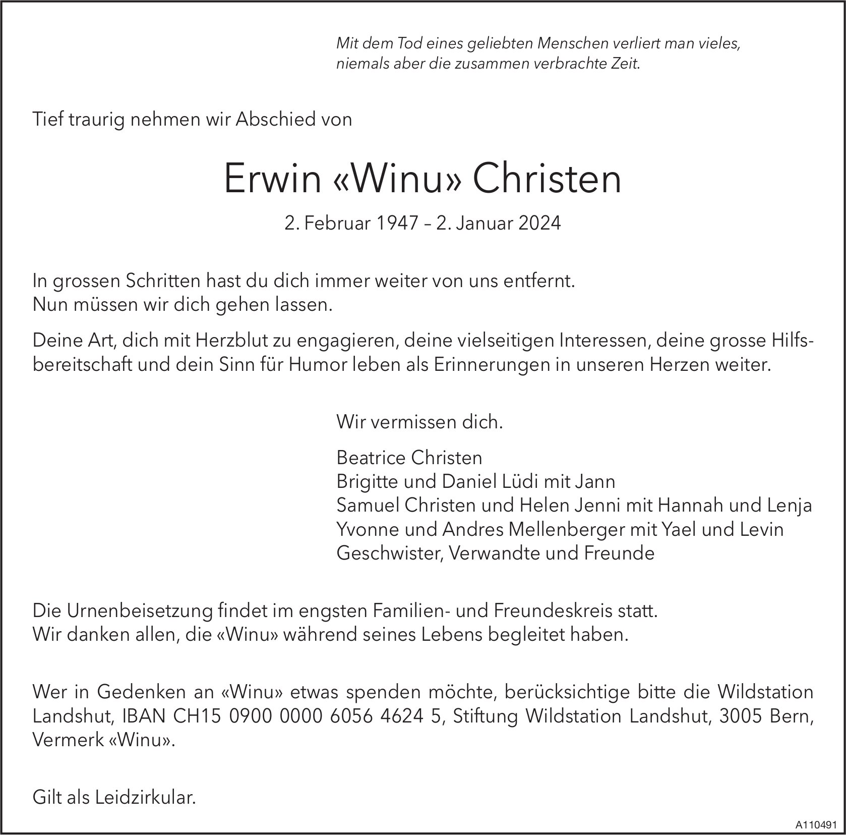 Erwin «Winu» Christen, Januar 2024 / TA