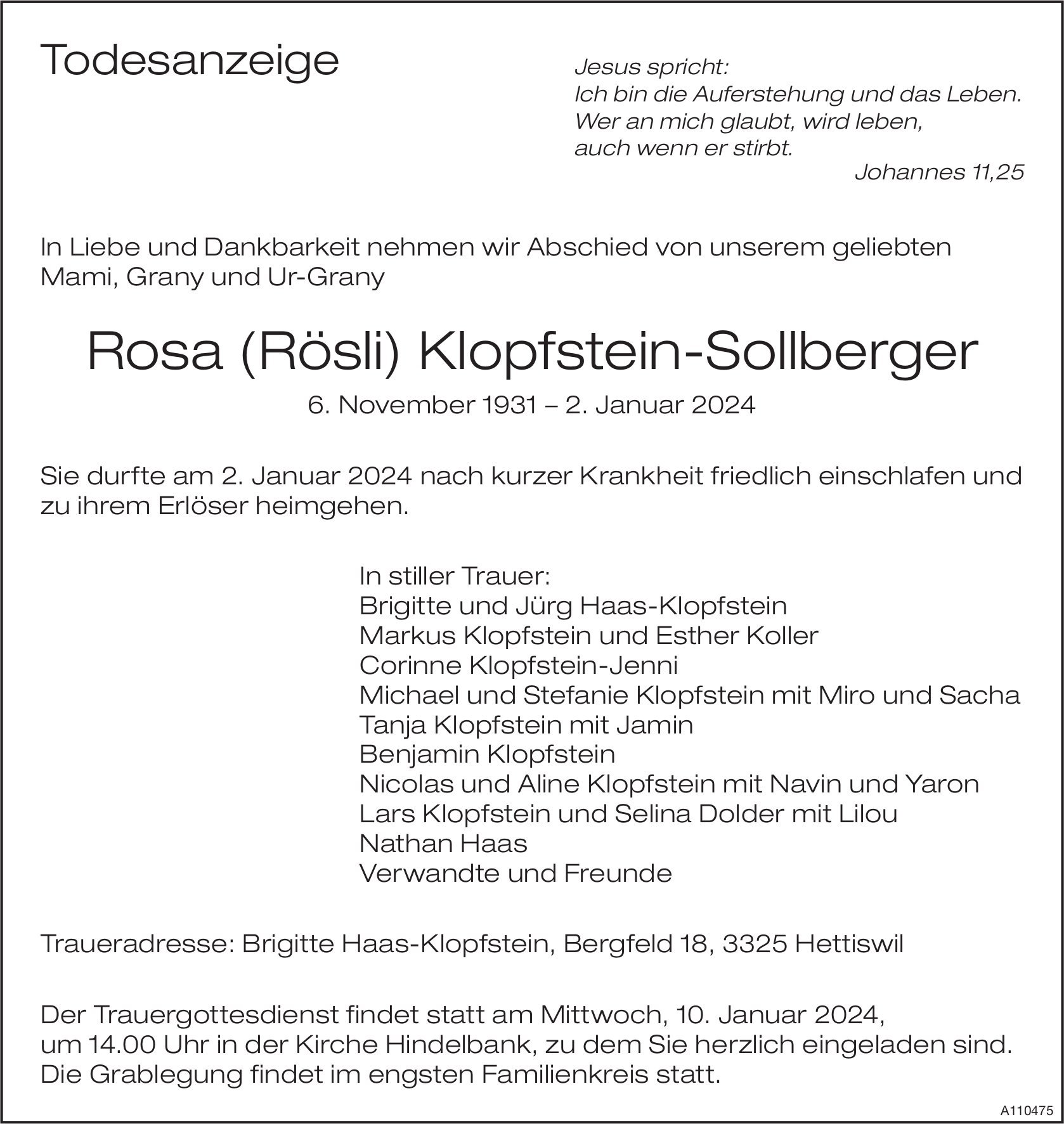Rosa (Rösli) Klopfstein-Sollberger, Januar 2024 / TA