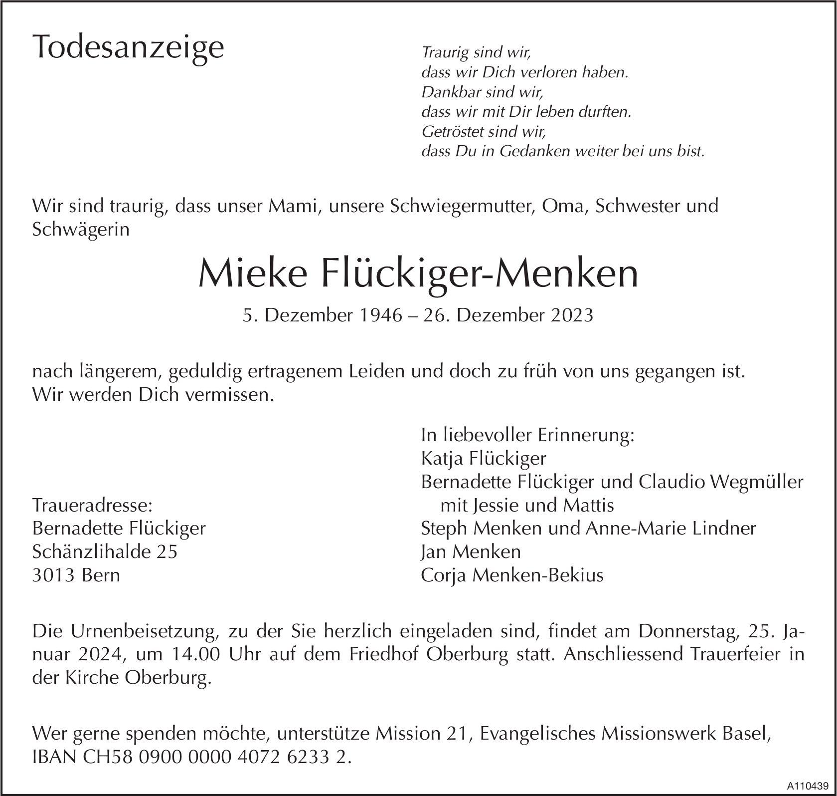 Mieke Flückiger-Menken, Dezember 2023 / TA