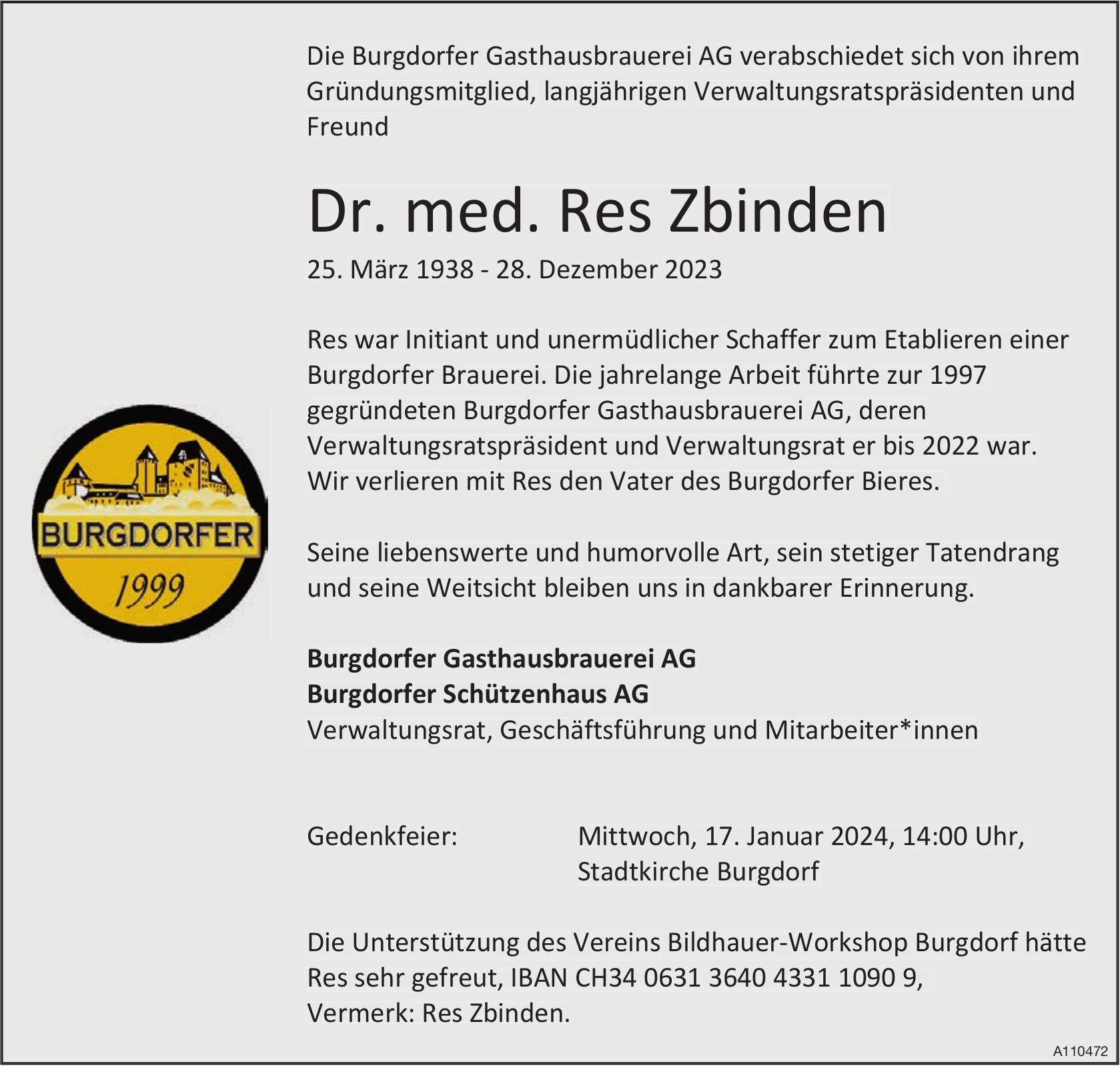 Dr. med.	 Res Zbinden, Dezember 2023 / TA