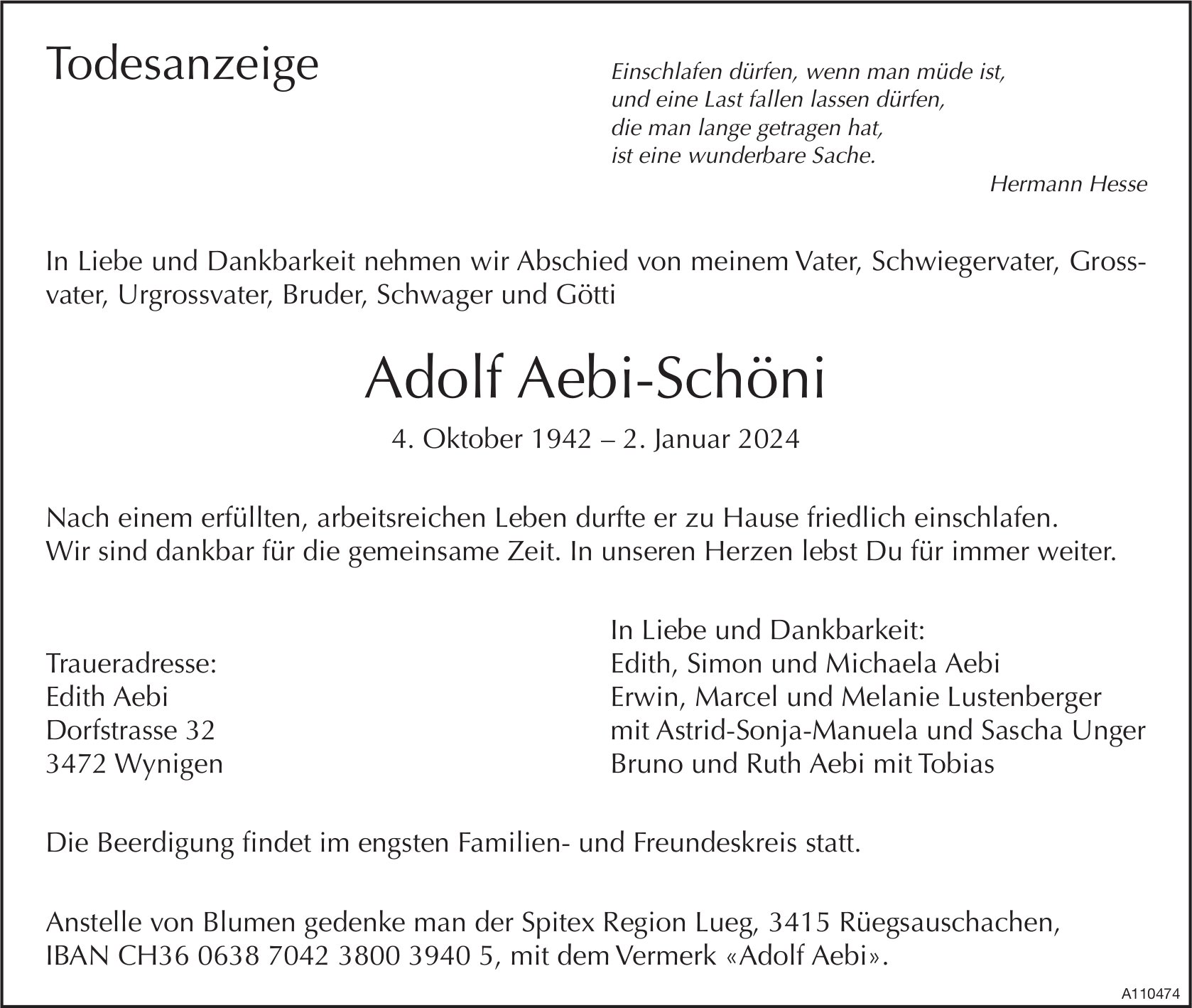 Adolf Aebi-Schöni, Januar 2024 / TA