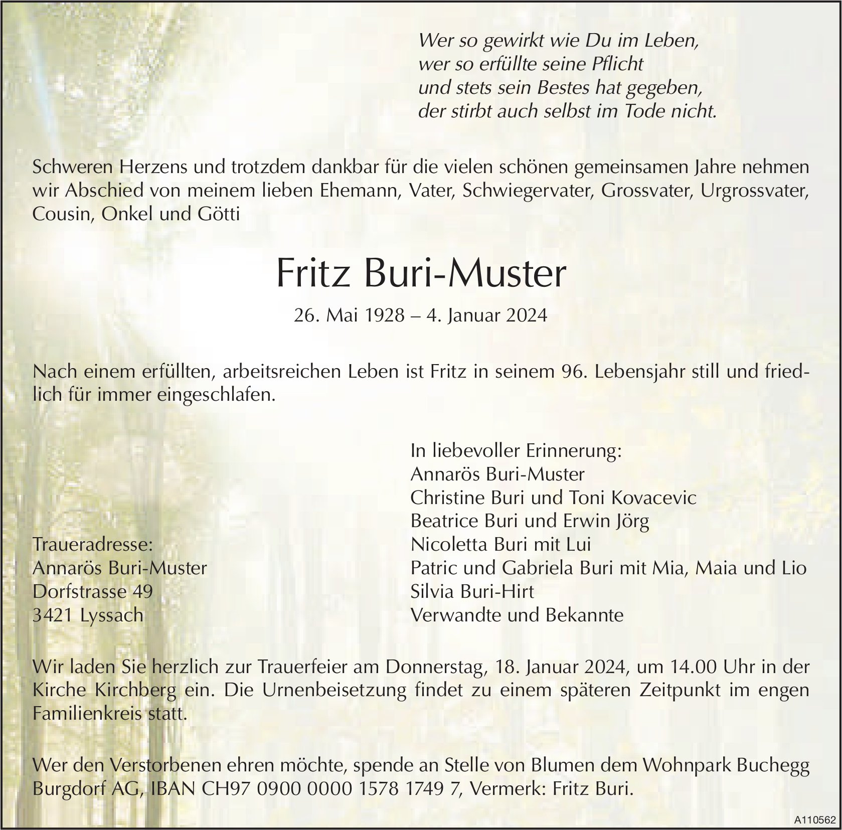 Fritz Buri-Muster, Januar 2024 / TA