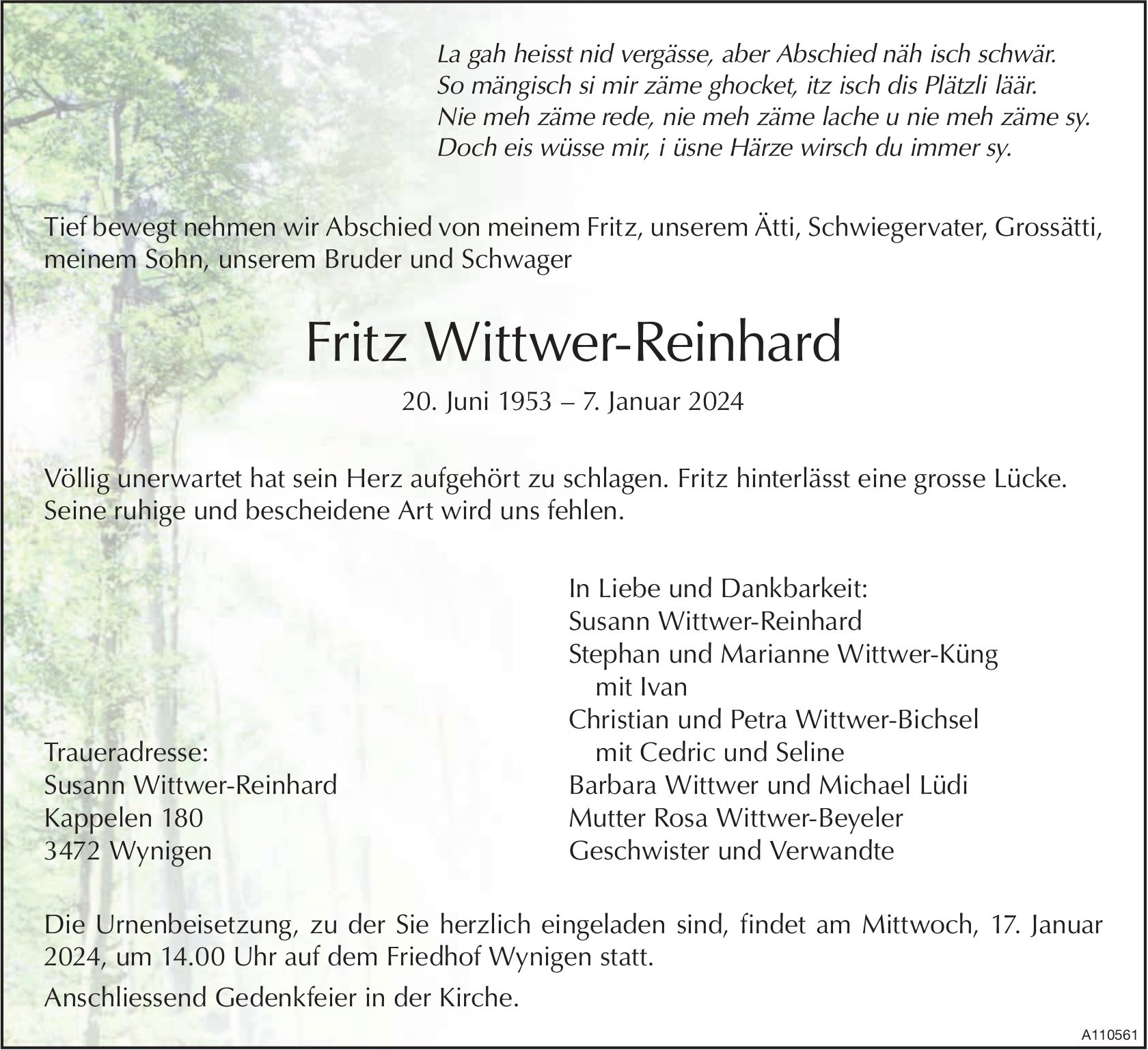 Fritz Wittwer-Reinhard, Januar 2024 / TA