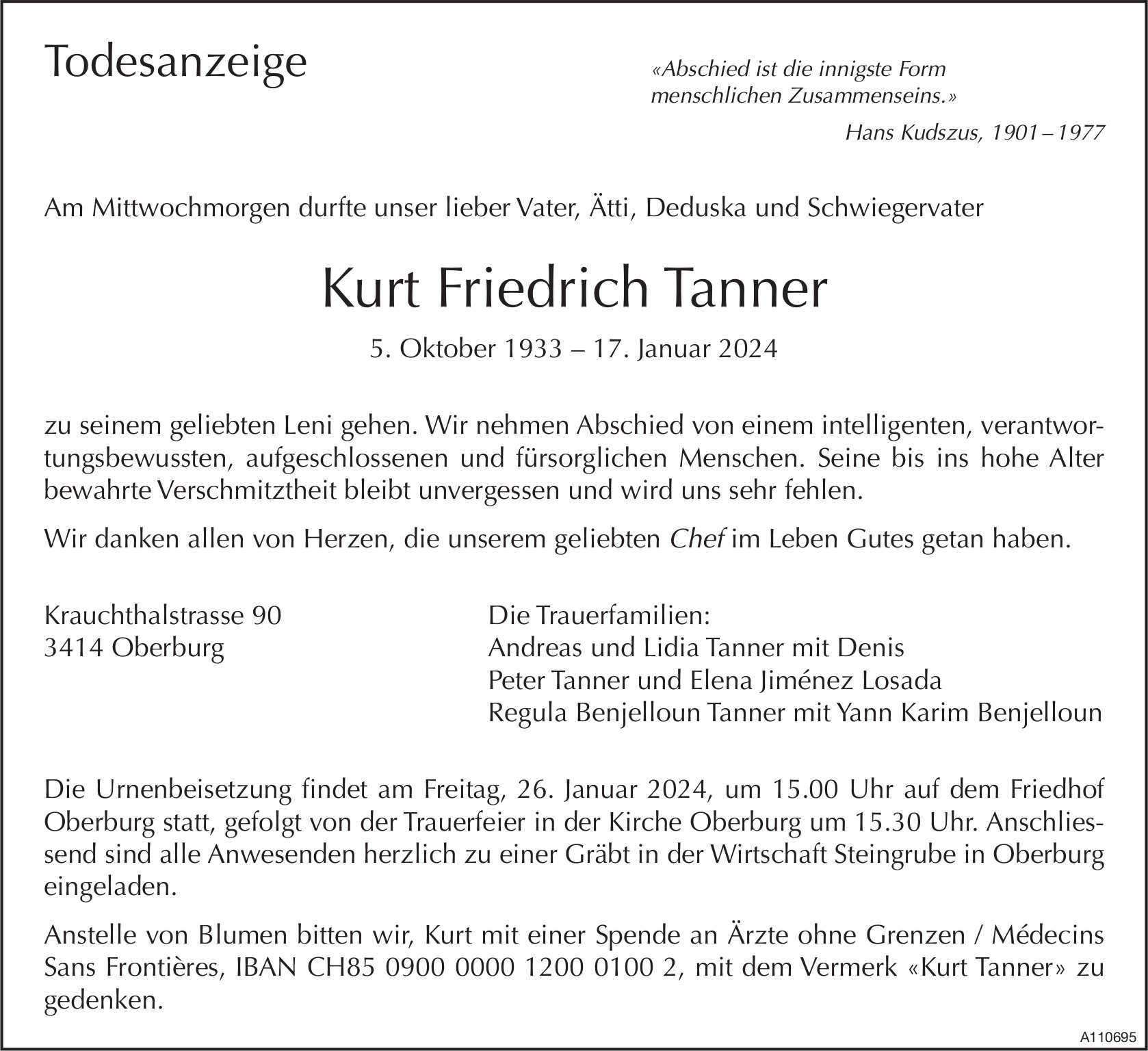 Kurt Friedrich Tanner, Januar 2024 / TA