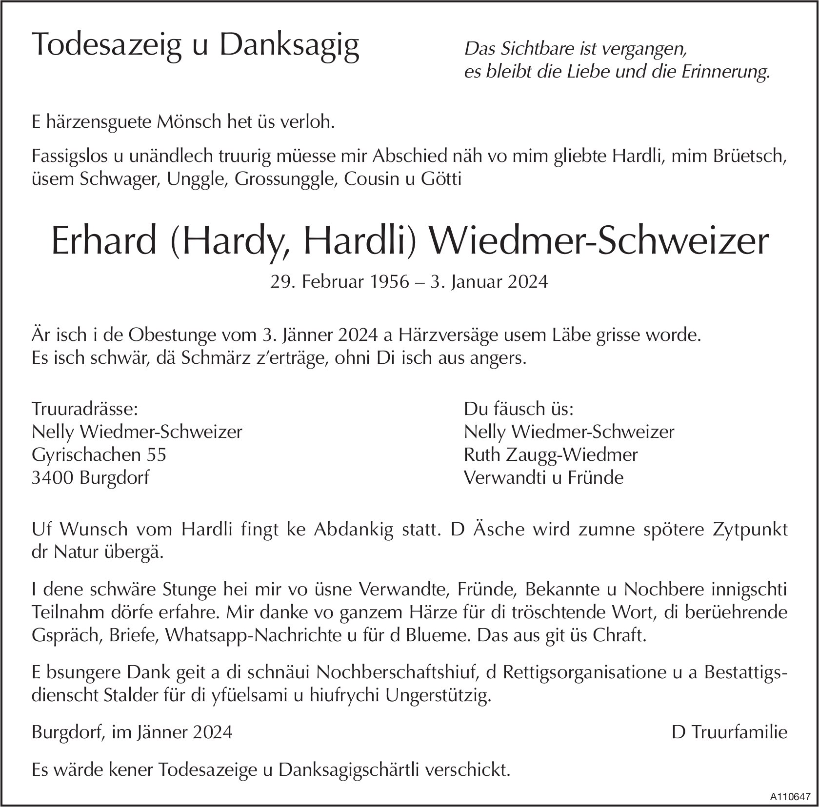 Erhard (Hardy, Hardli) Wiedmer-Schweizer, Januar 2024 / TA