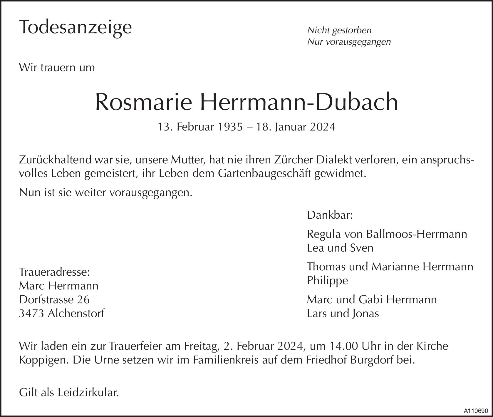 Rosmarie Herrmann-Dubach, Januar 2024 / TA