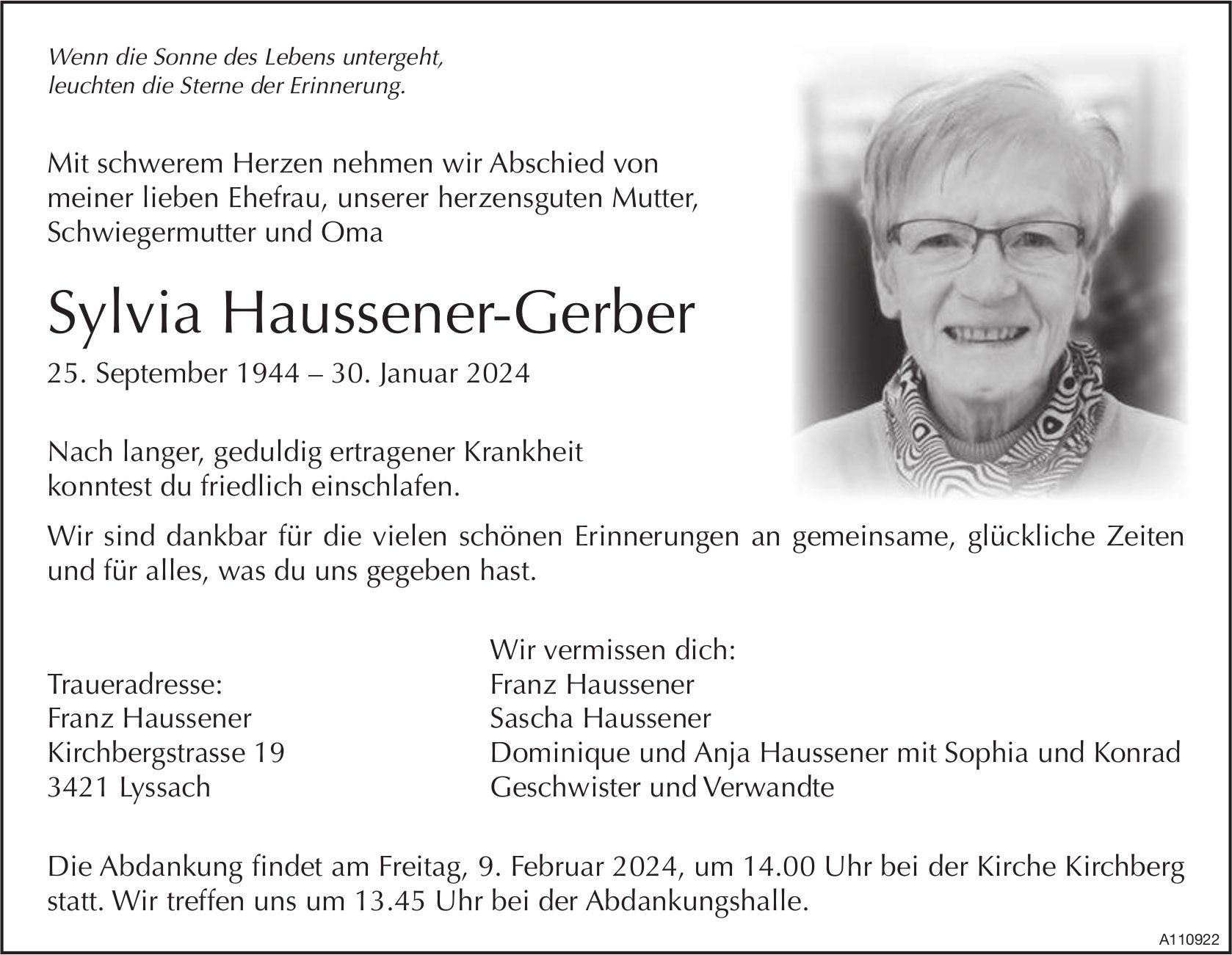 Sylvia Haussener-Gerber, Januar 2024 / TA