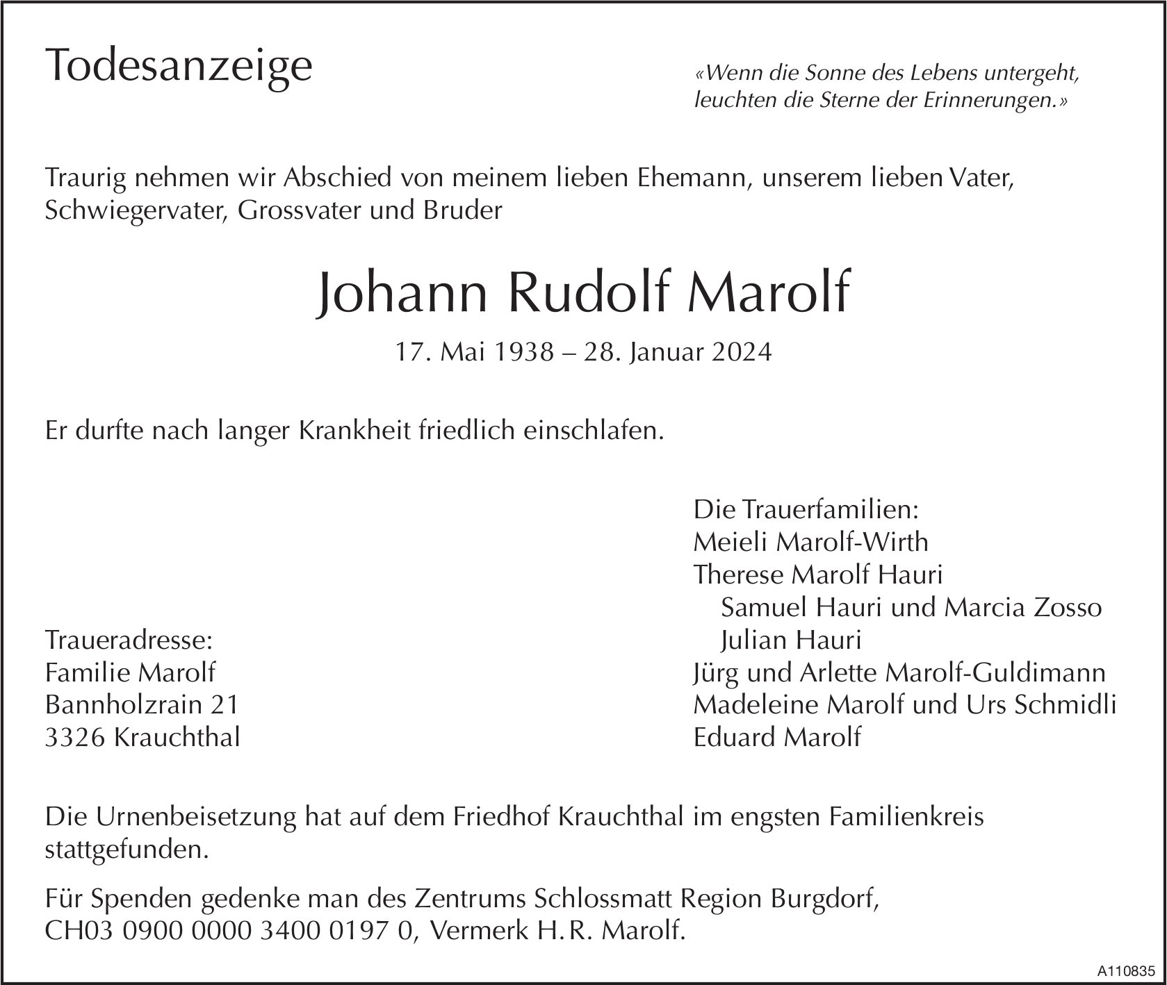 Johann Rudolf Marolf, Januar 2024 / TA