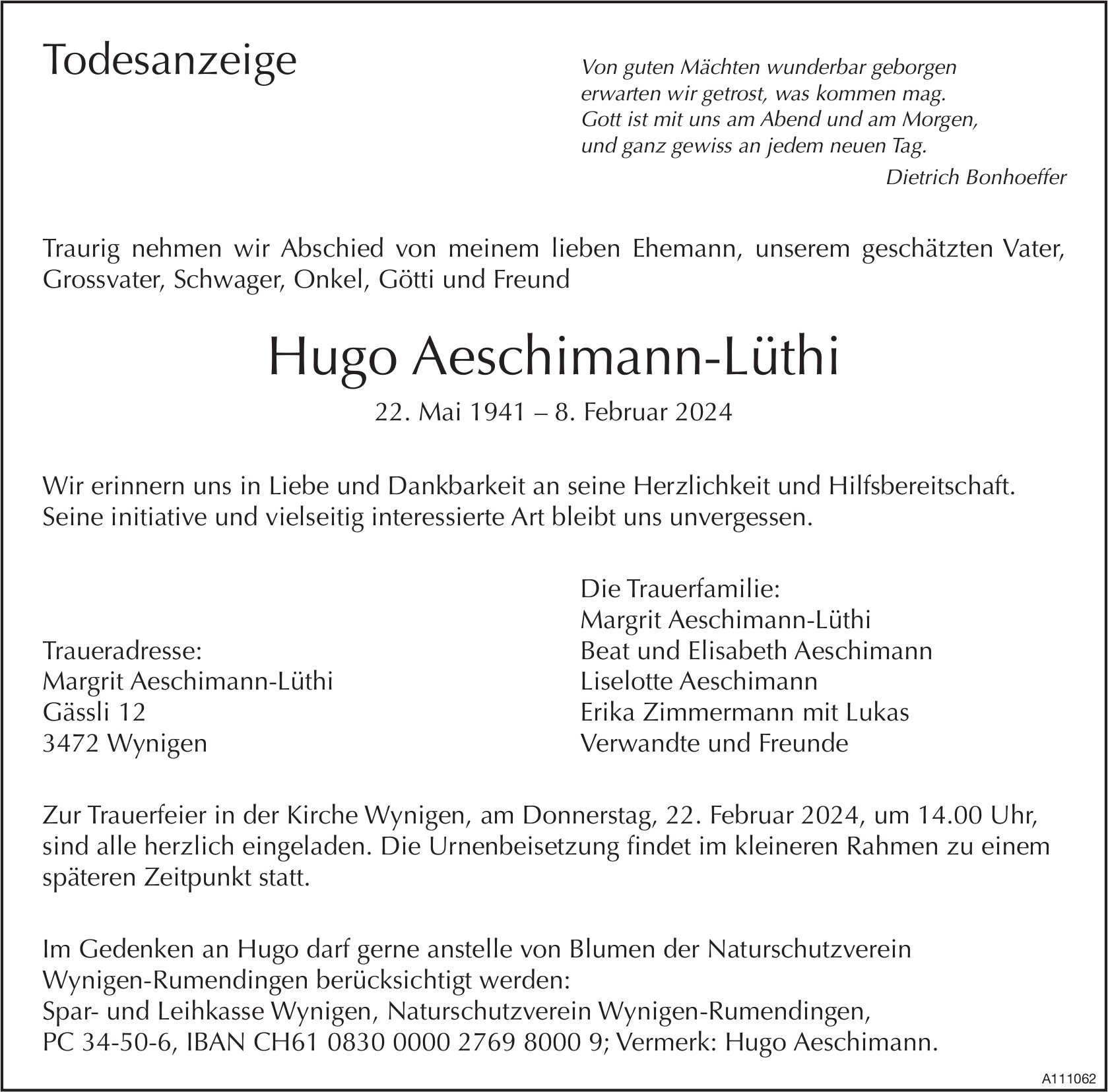 Hugo Aeschimann-Lüthi, Februar 2024 / TA