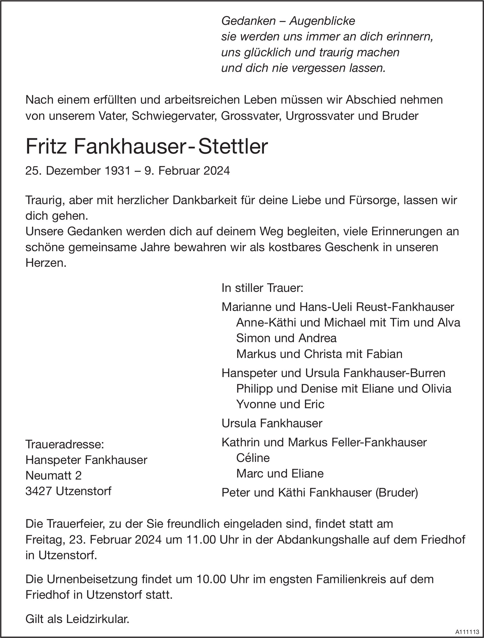 Fritz Fankhauser- Stettler, Februar 2024 / TA