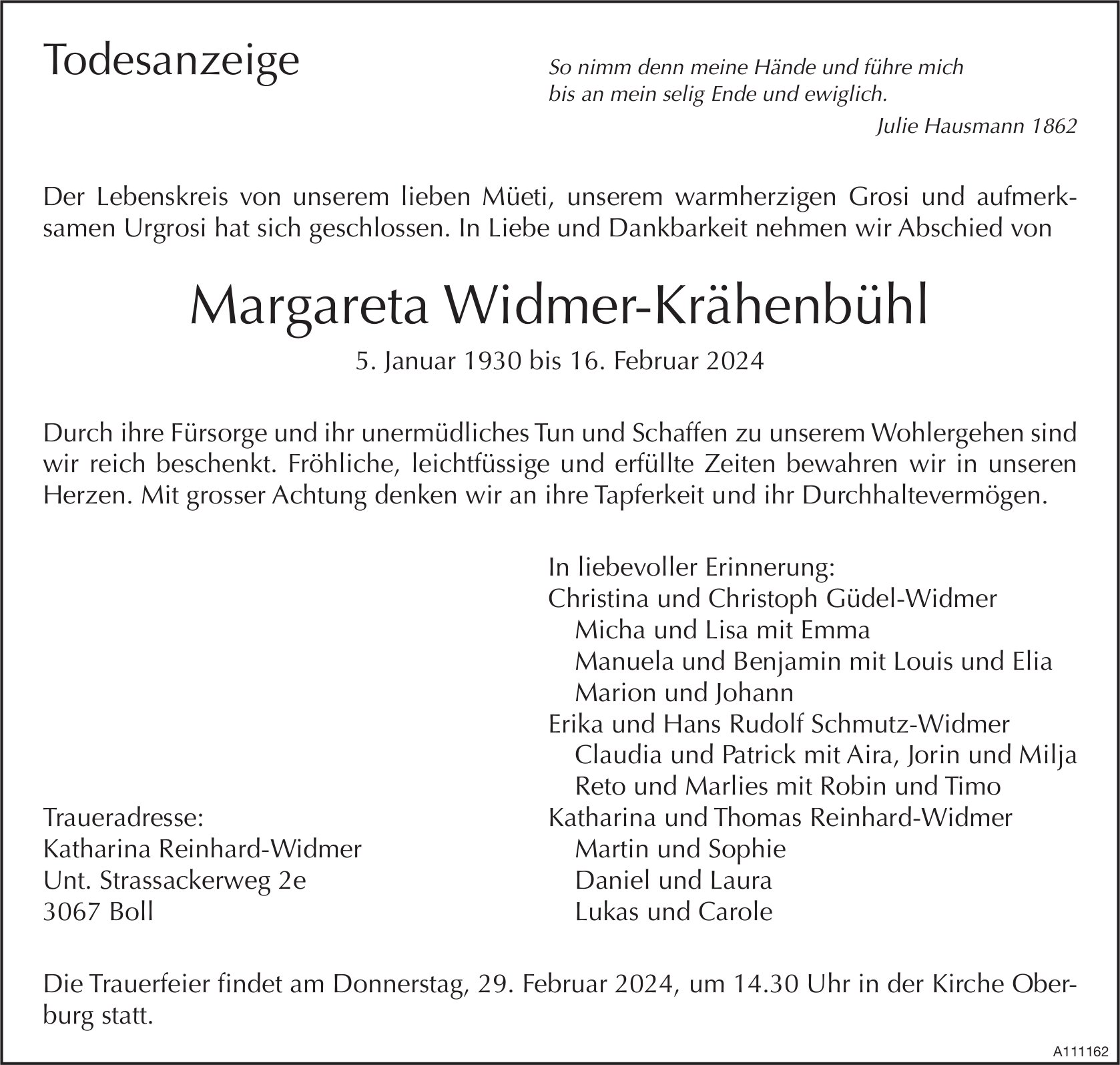 Margareta Widmer-Krähenbühl, Februar 2024 / TA