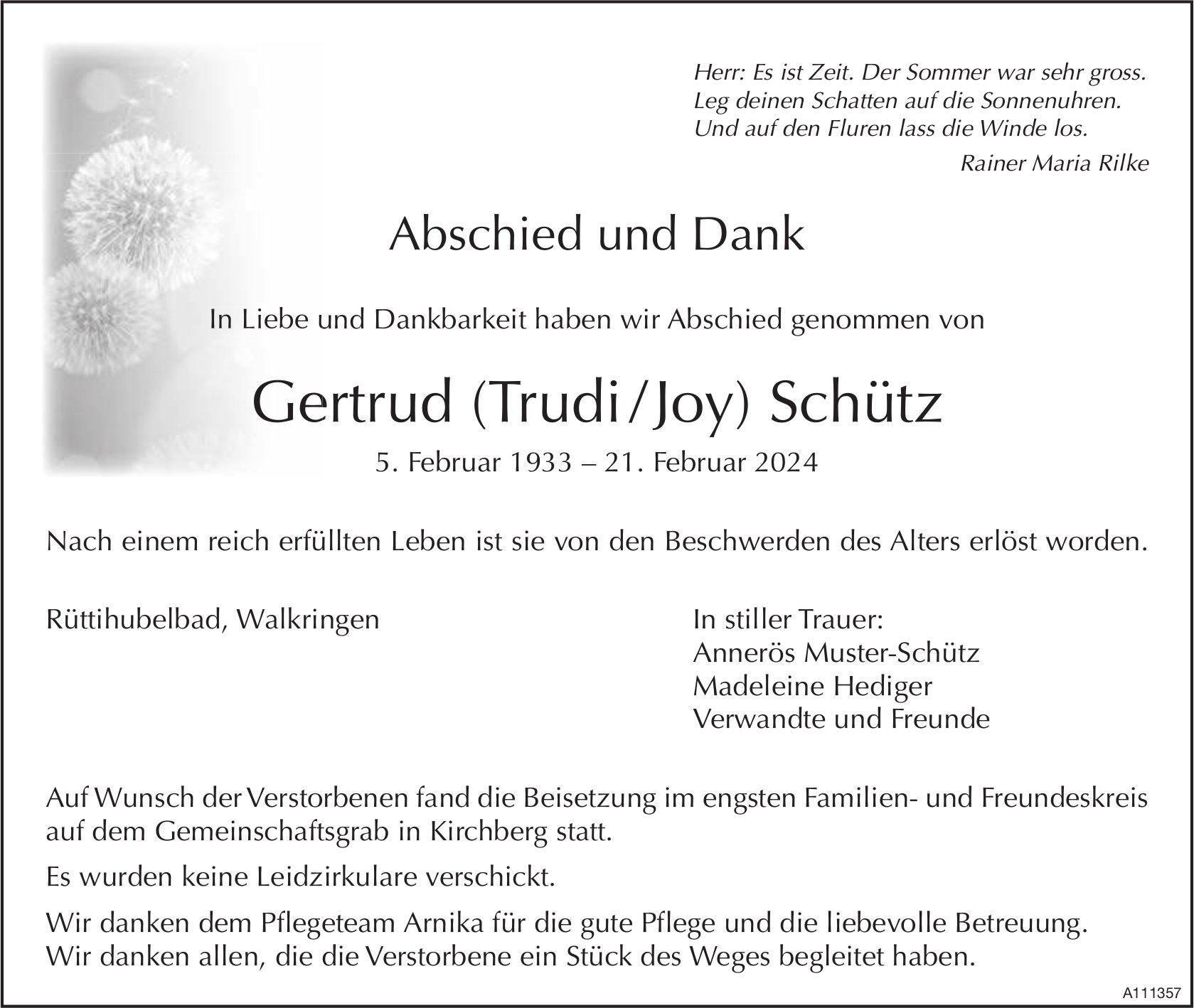 Gertrud (Trudi / Joy) Schütz, im März 2024 / TA + DS