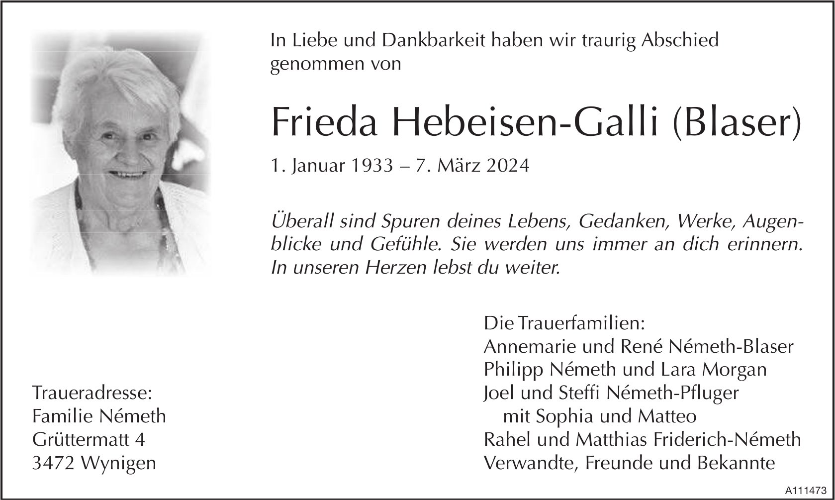 Frieda Hebeisen-Galli (Blaser), März 2024 / TA