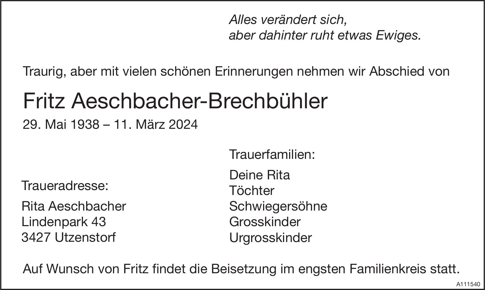 Fritz Aeschbacher-Brechbühler, März 2024 / TA