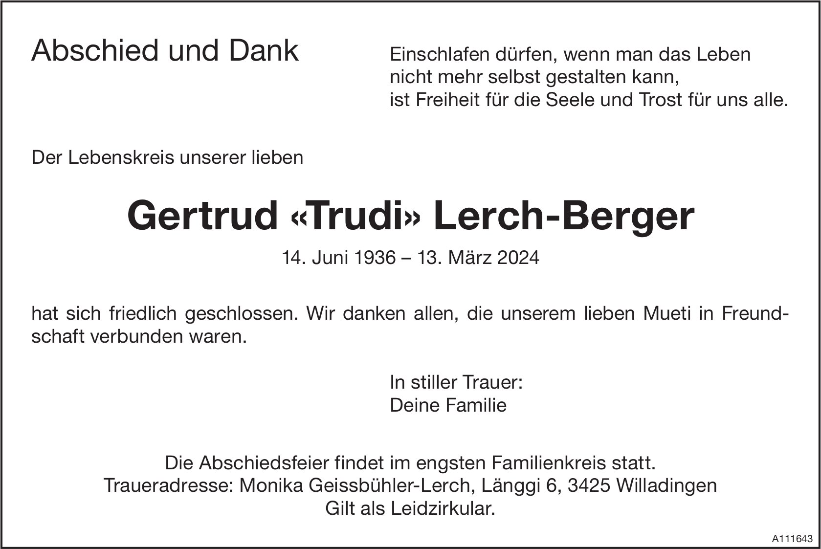 Gertrud «Trudi» Lerch-Berger, im März 2024 / TA + DS