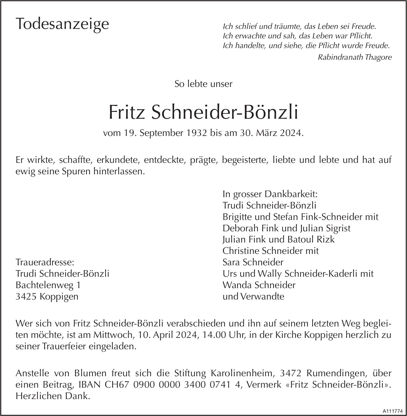 Fritz Schneider-Bönzli, März 2024 / TA