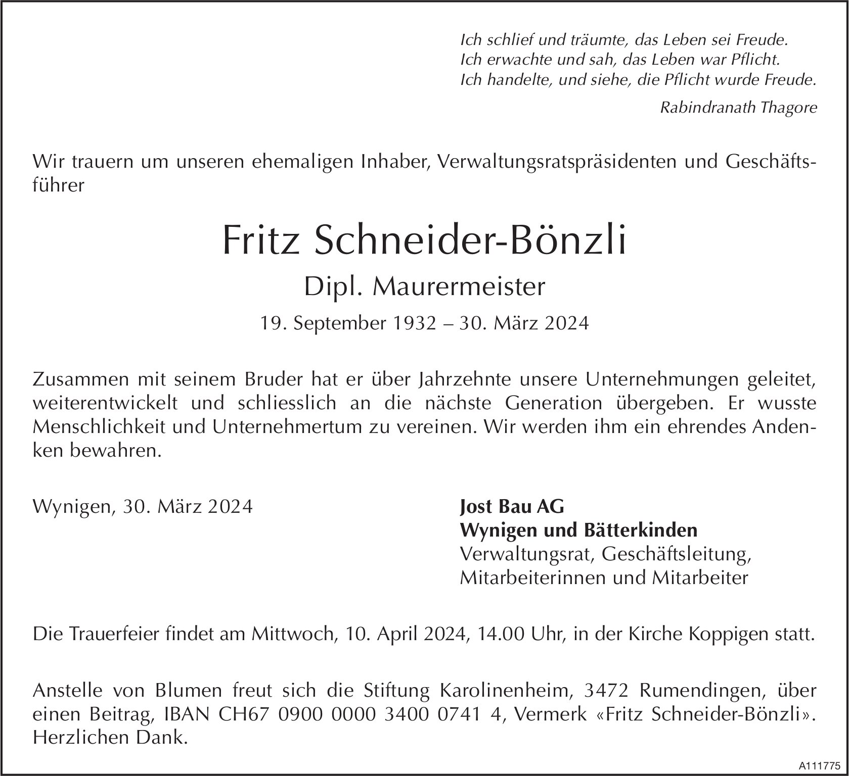 Fritz Schneider-Bönzli, März 2024 / TA