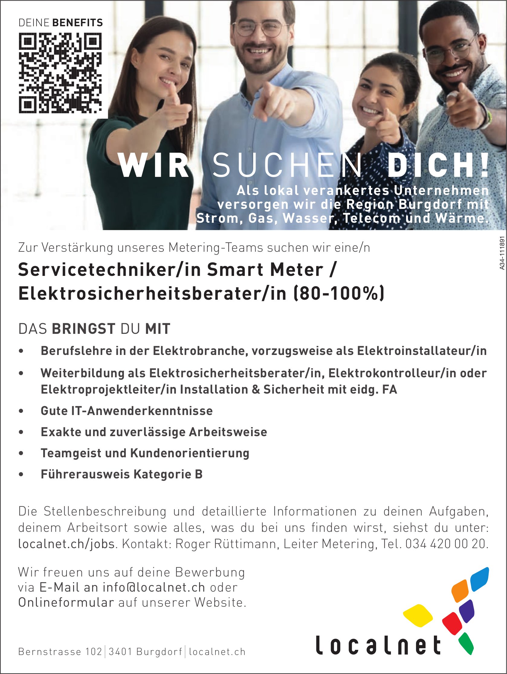 Servicetechniker/in Smart Meter / Elektrosicherheitsberater/in (80-100%), Localnet AG, Burgdorf, gesucht