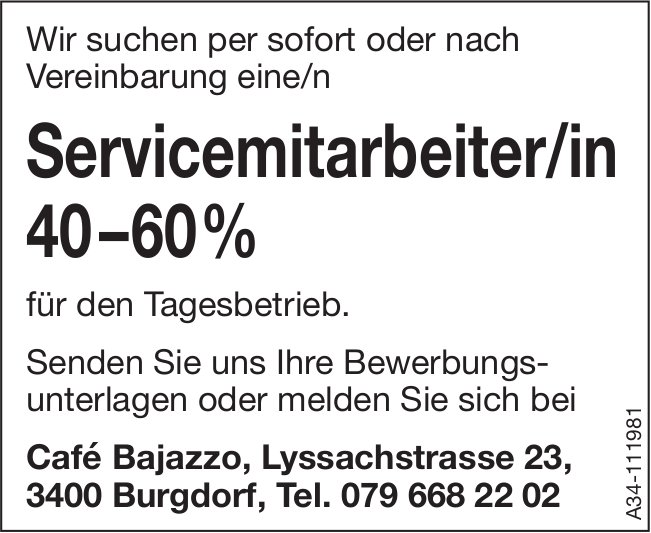 Servicemitarbeiter/in 40 – 60 %, Cafe Bajazzo, Burgdorf, gesucht
