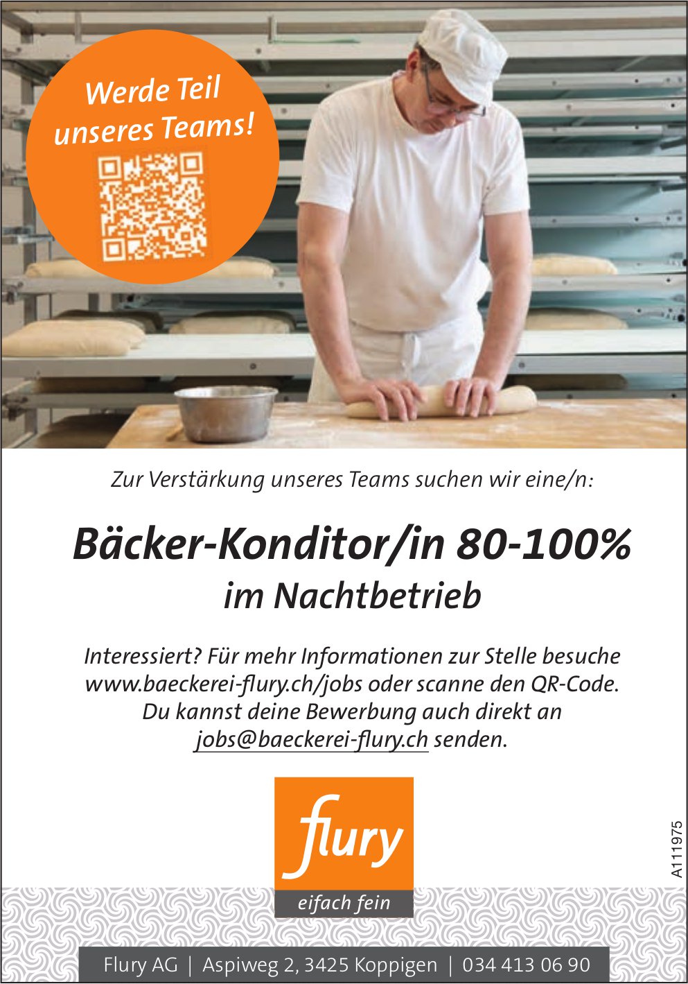 Bäcker-Konditor/in 80-100% im Nachtbetrieb, Flury AG, Koppigen, gesucht