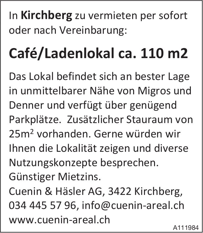 Cafe/Ladenlokal ca. 110 m2, Kirchberg, zu vermieten