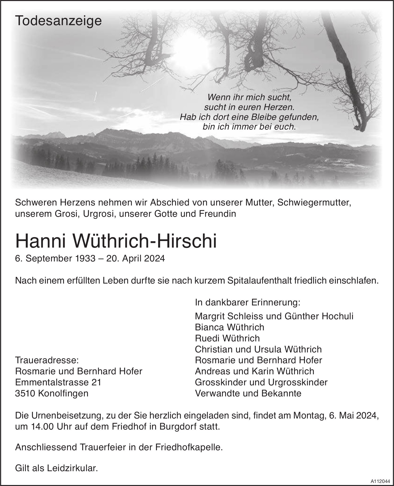 Hanni Wüthrich-Hirschi, April 2024 / TA