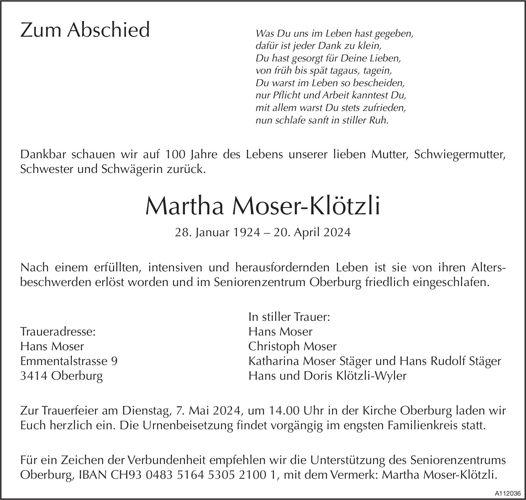 Martha Moser-Klötzli, April 2024 / TA