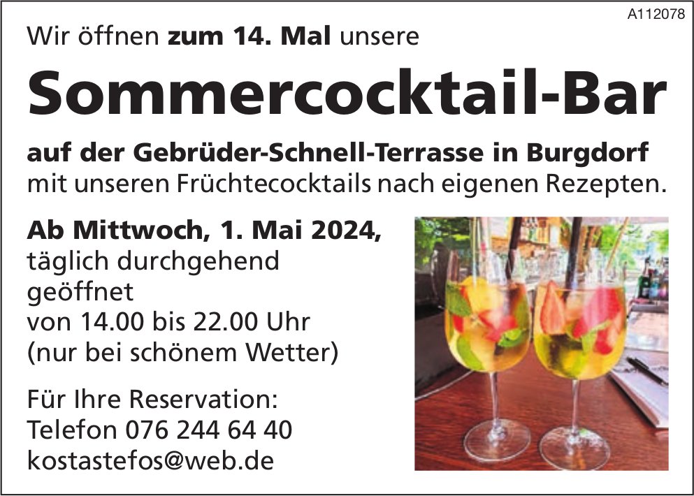 Sommercocktail-Bar auf der Gebrüder-Schnell-Terrasse in Burgdorf ab 1. Mai