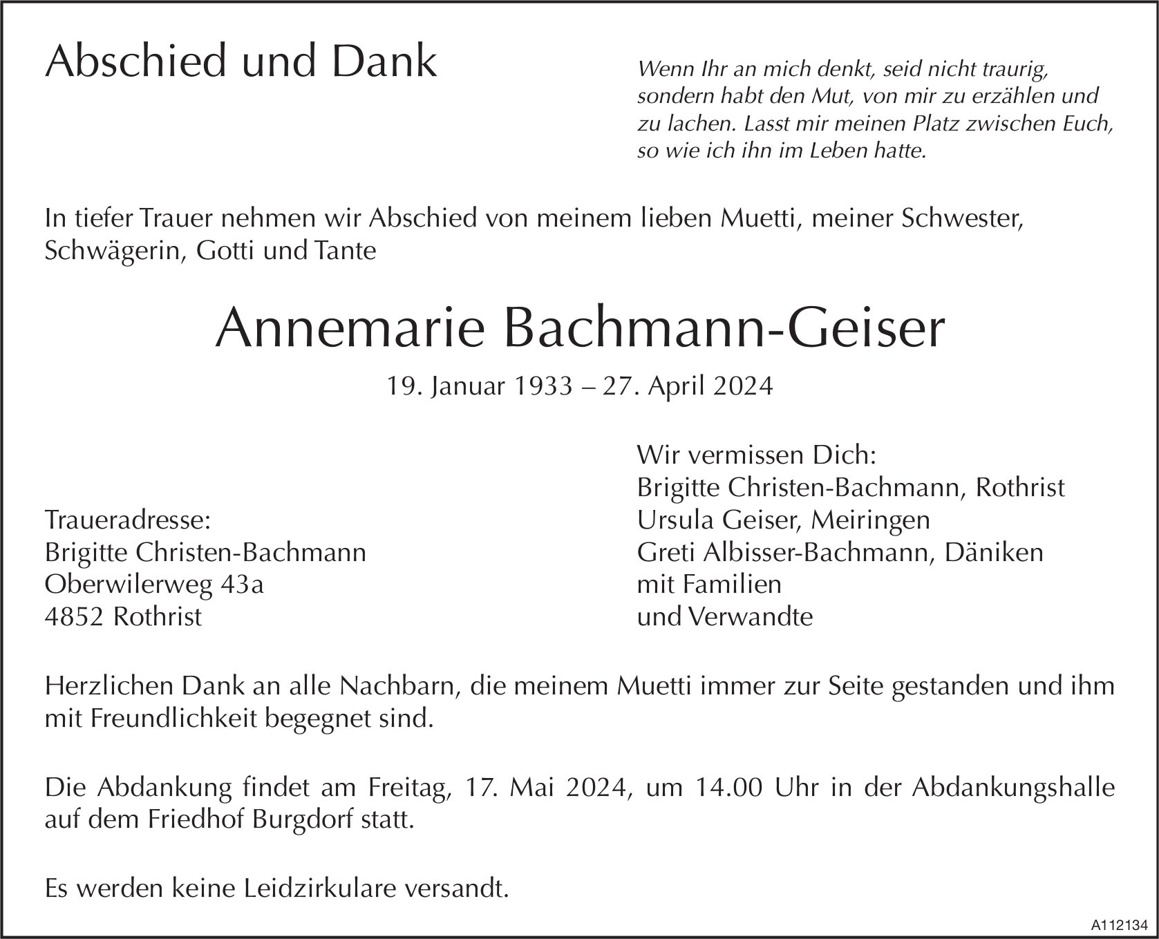 Annemarie Bachmann-Geiser, im Mai 2024 / TA + DS