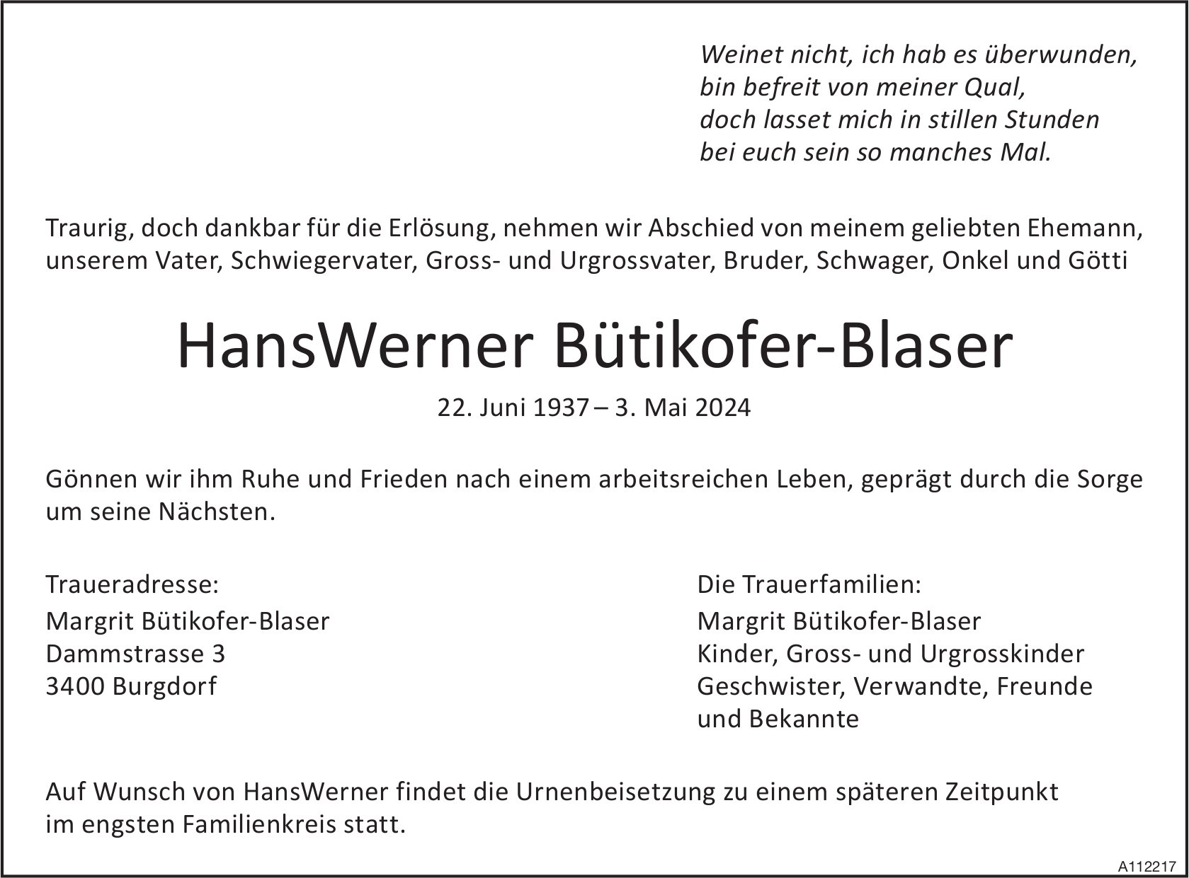 HansWerner Bütikofer-Blaser, Mai 2024 / TA