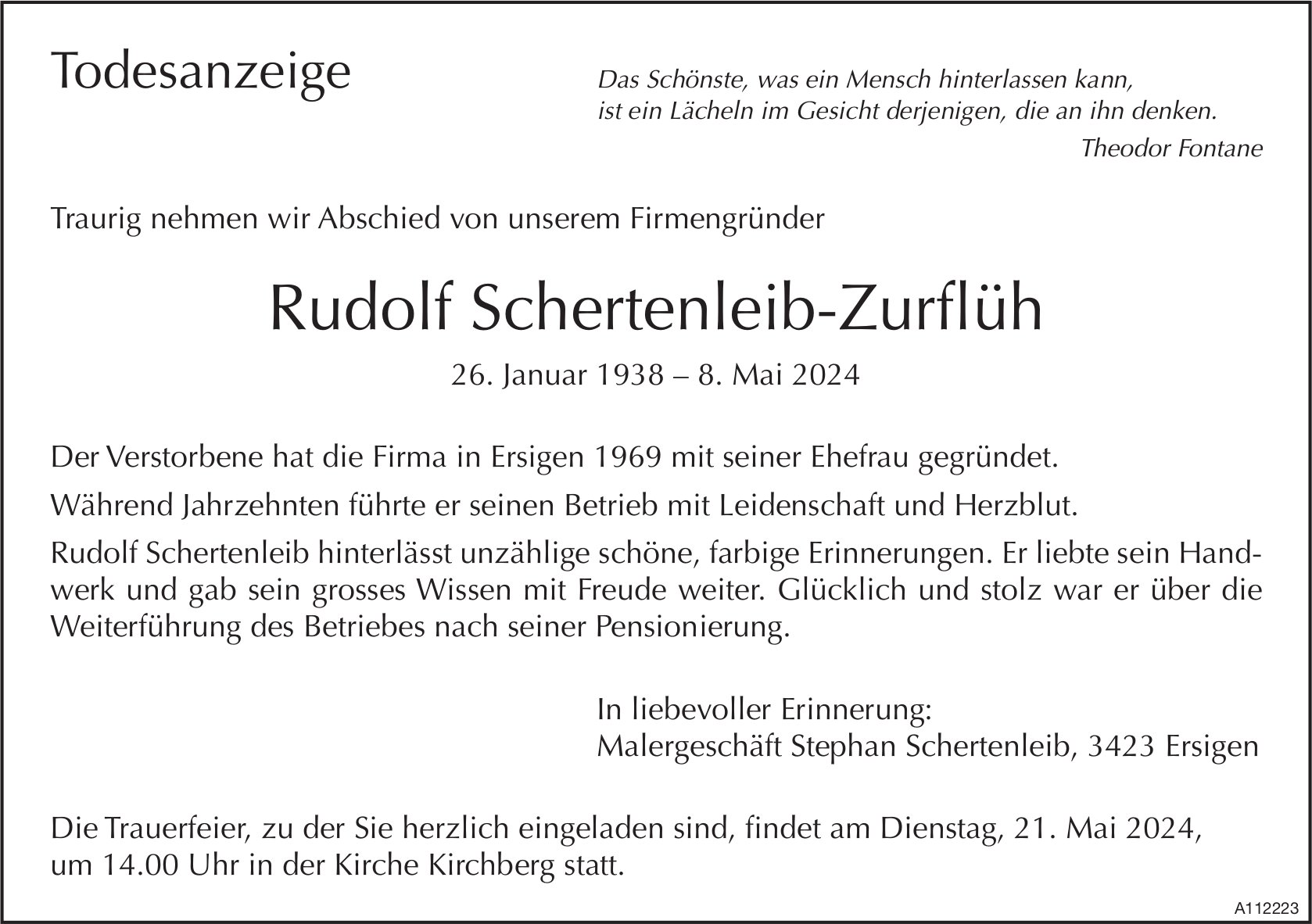 Rudolf Schertenleib-Zurflüh, Mai 2024 / TA