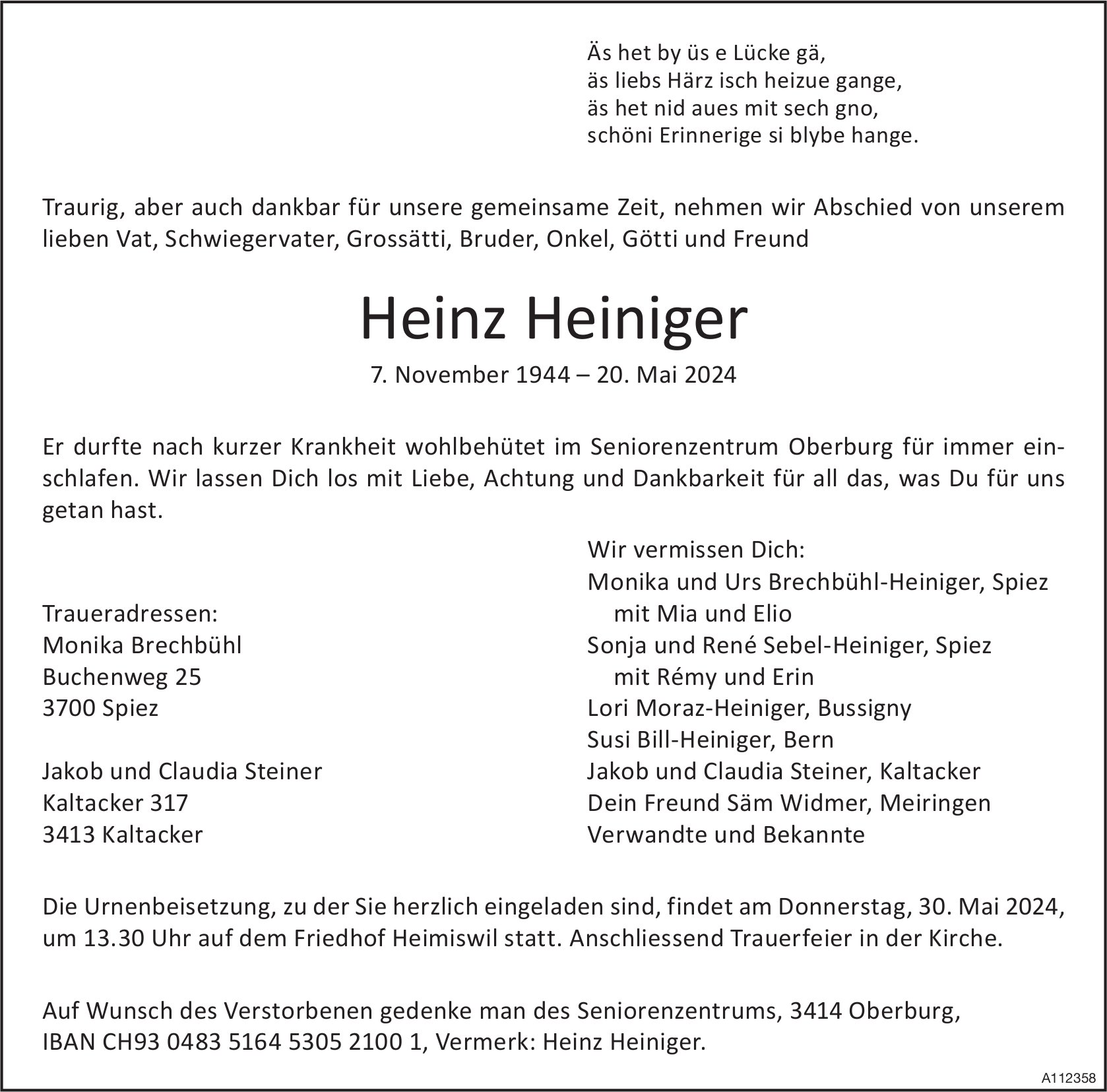 Heinz Heiniger, Mai 2024 / TA