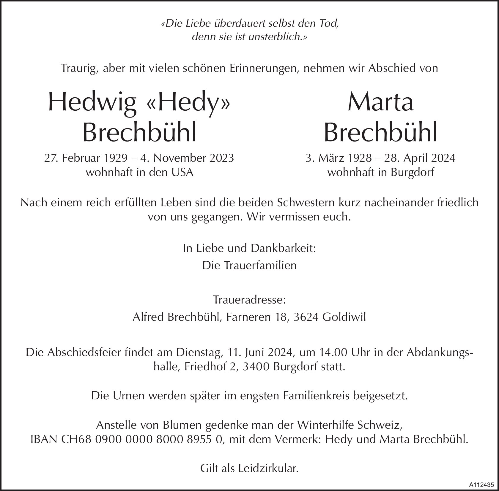 Hedwig «Hedy» Brechbühl & Marta Brechbühl, April 2024 / TA