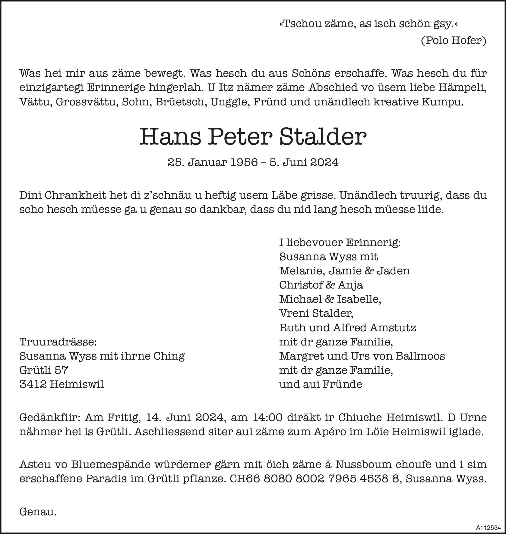 Hans Peter Stalder, Juni 2024 / TA
