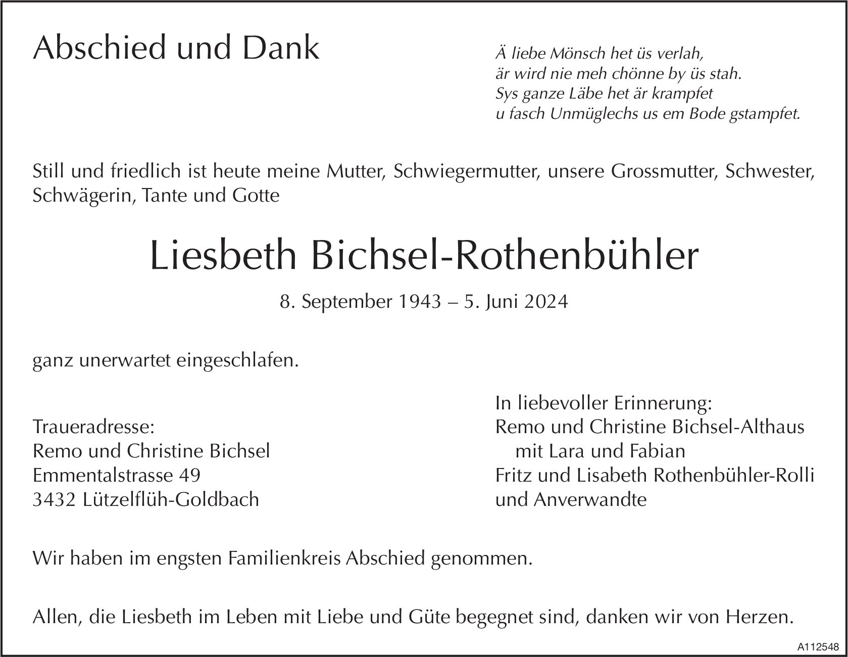 Liesbeth Bichsel-Rothenbühler, im Juni 2024 / TA + DS