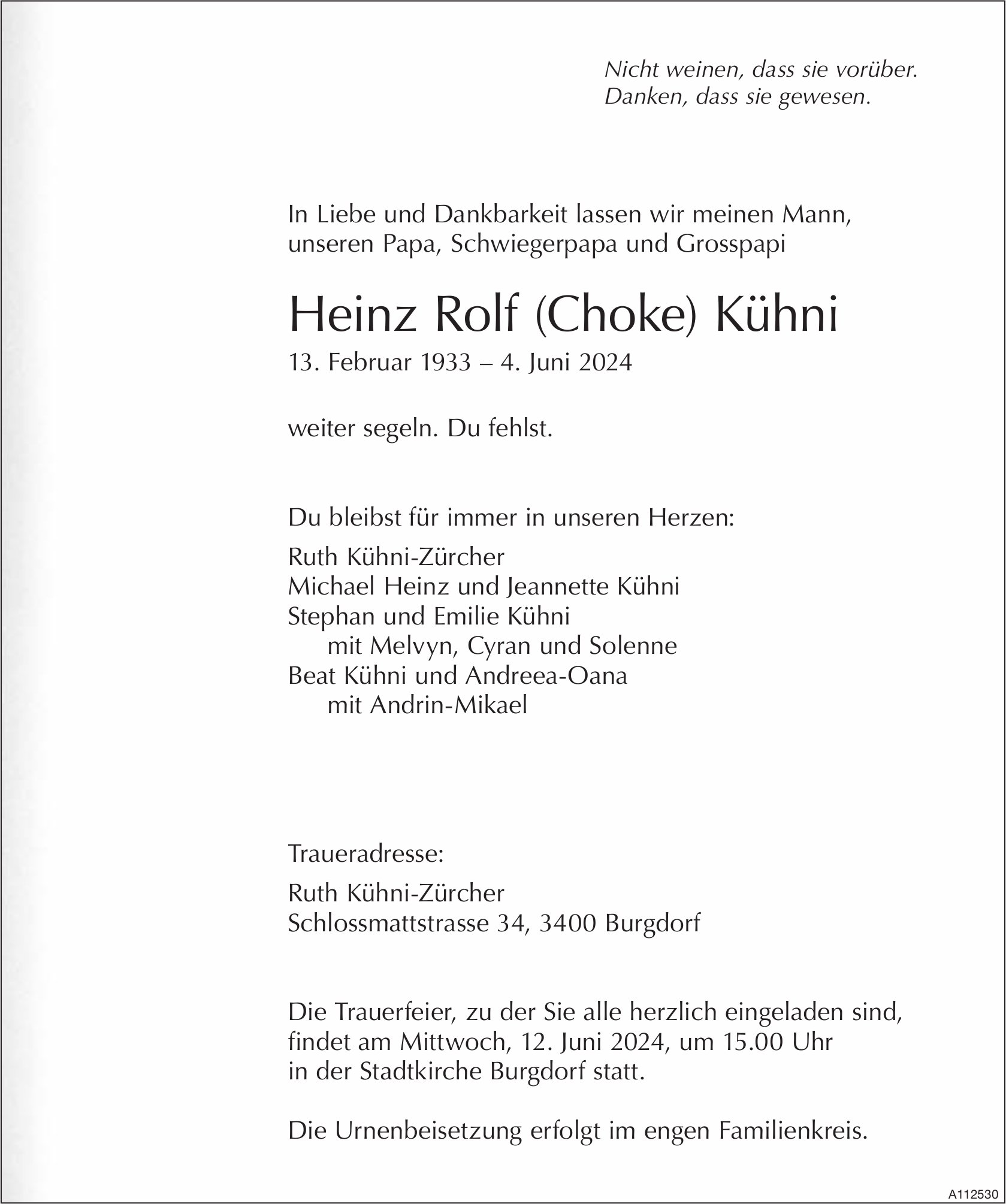 Heinz Rolf (Choke) Kühni, Juni 2024 / TA