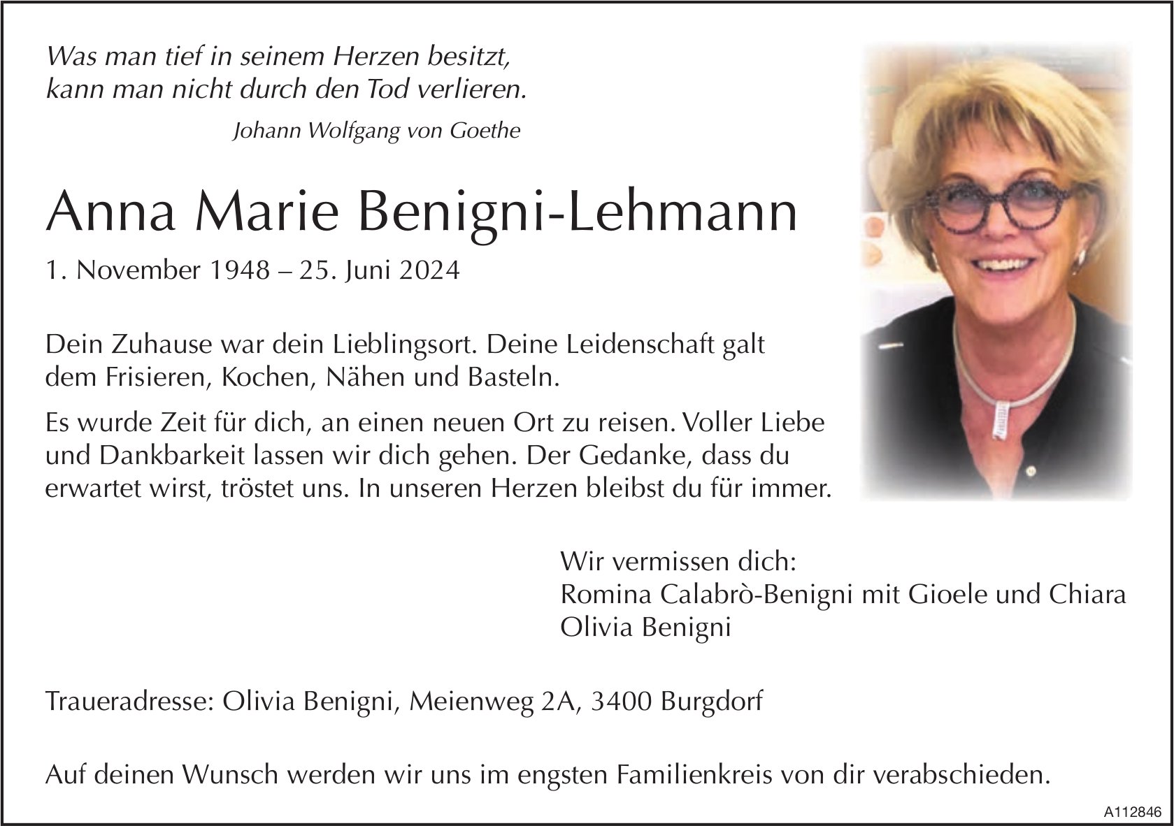 Anna Marie Benigni-Lehmann, Juni 2024 / TA