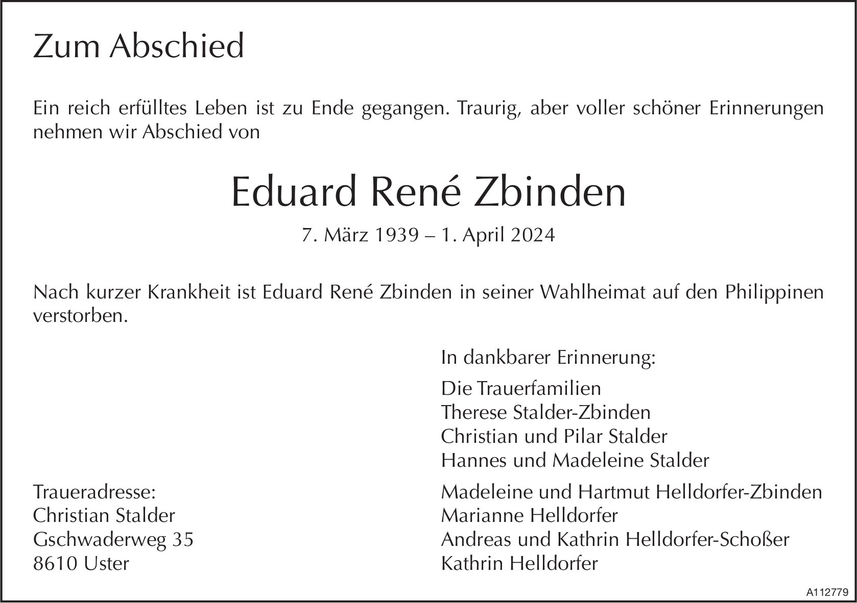 Eduard René Zbinden, April 2024 / TA