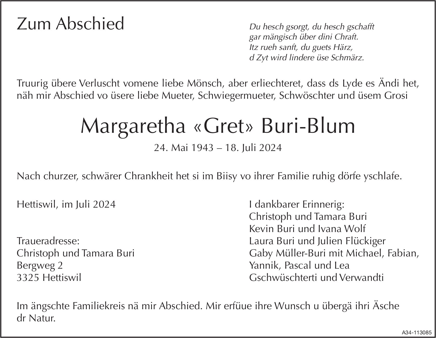 Margaretha «Gret» Buri-Blum, Juli 2024 / TA