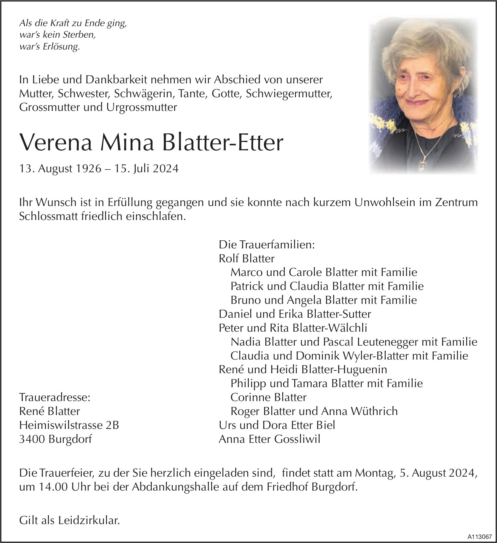 Verena Mina Blatter-Etter, Juli 2024 / TA