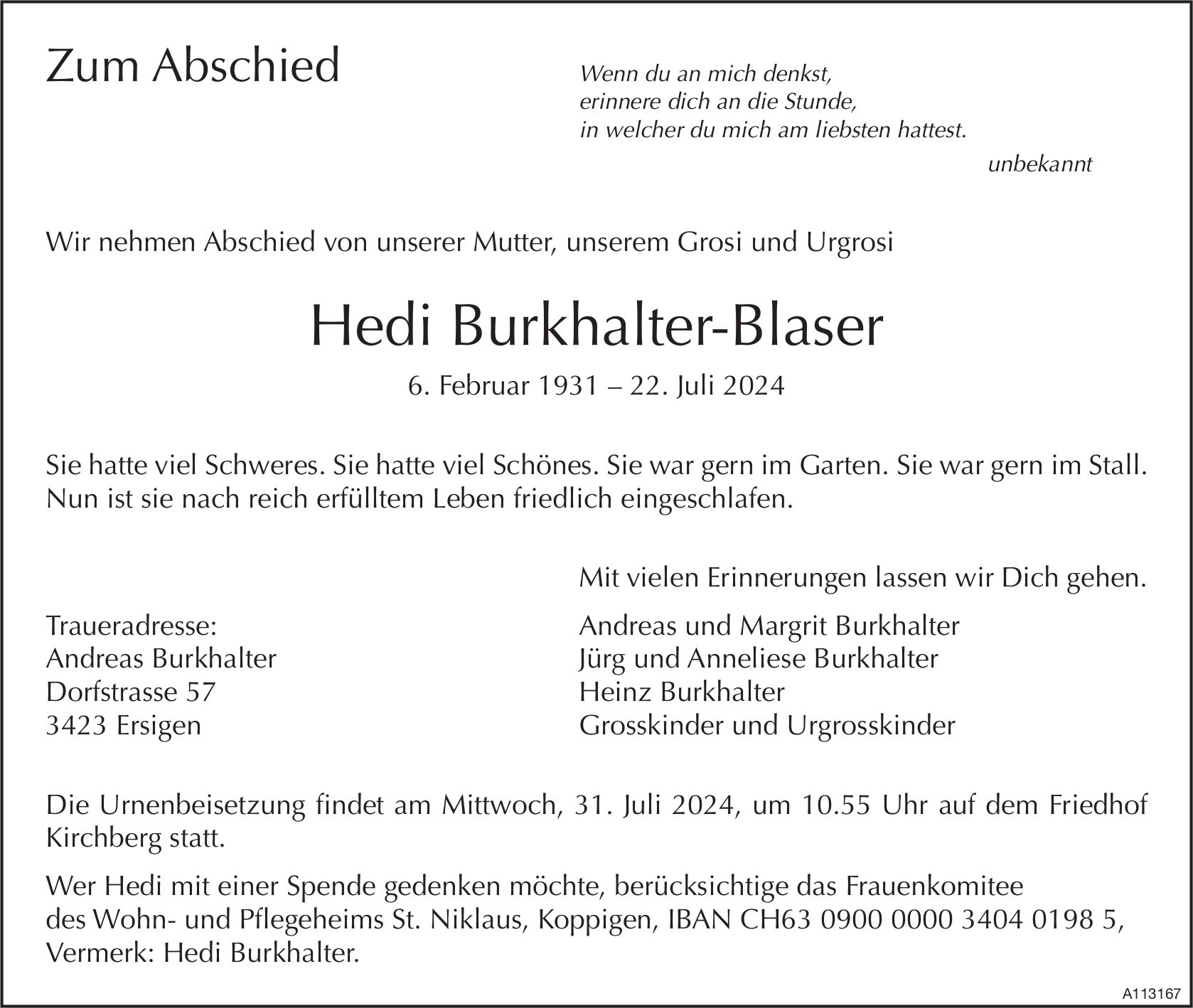 Hedi Burkhalter-Blaser, Juli 2024 / TA