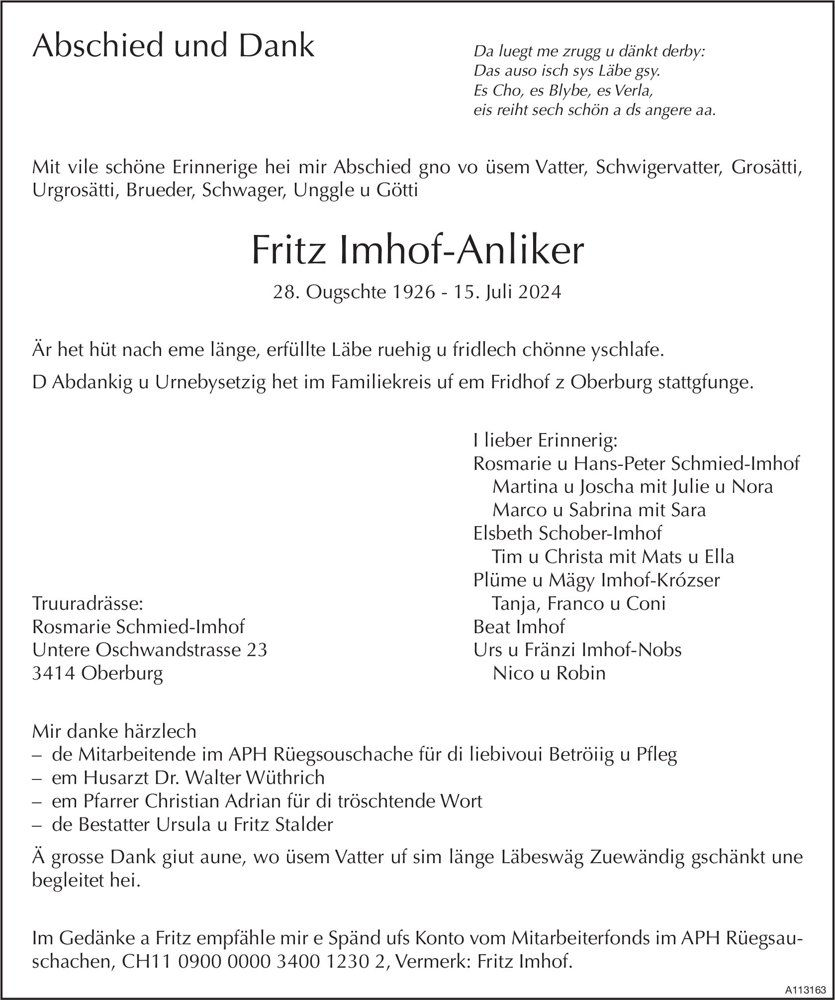 Fritz Imhof-Anliker, im Juli 2024 / TA + DS