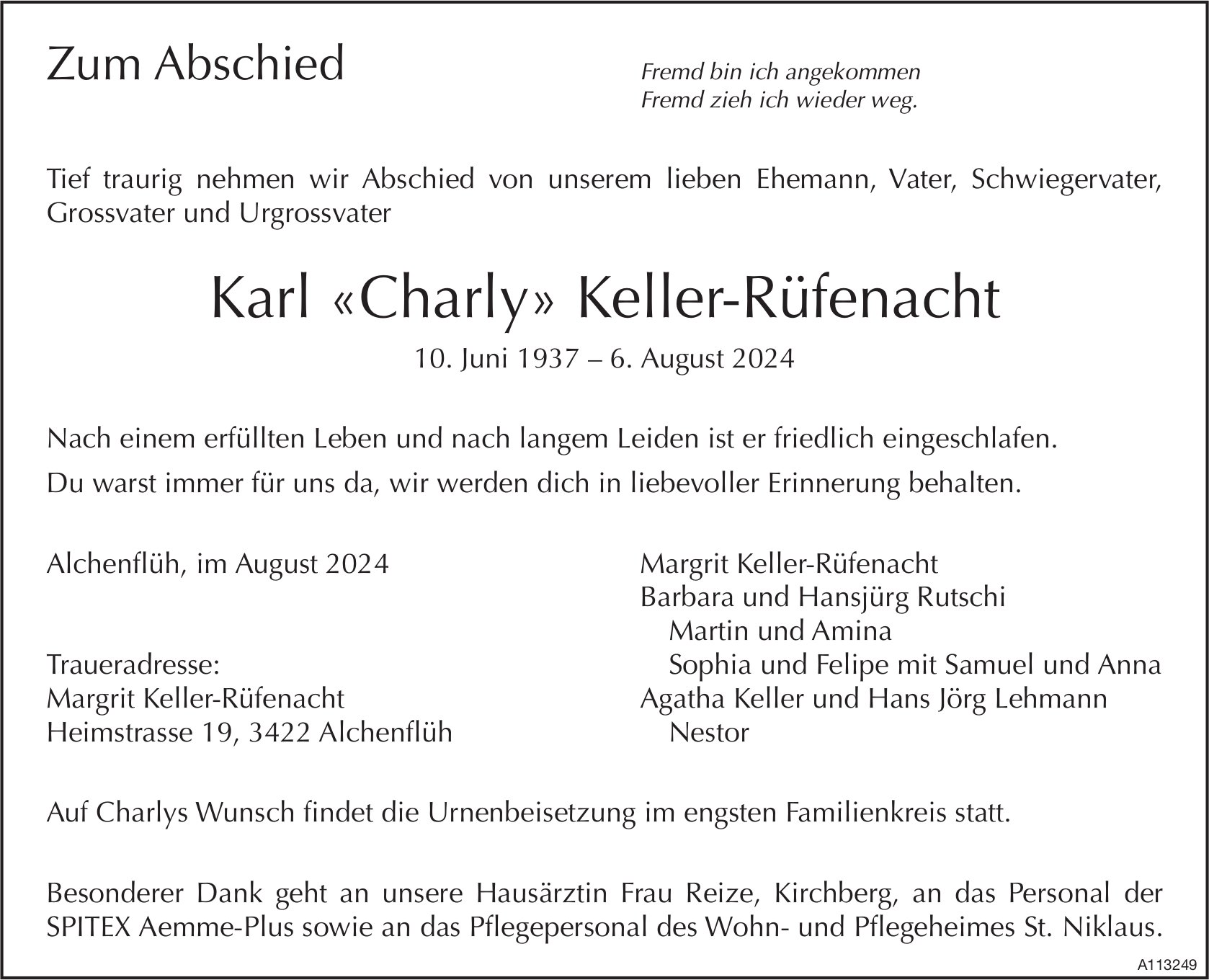 Karl «Charly» Keller-Rüfenacht, August 2024 / TA