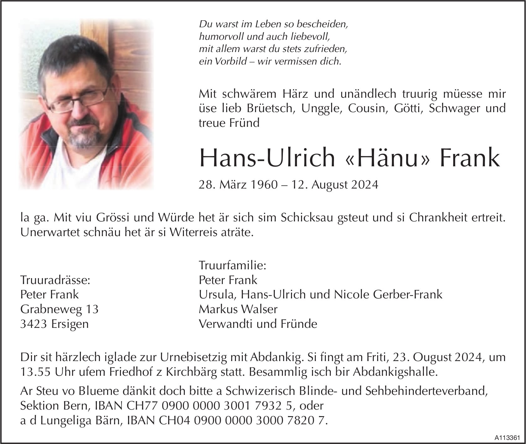 Hans-Ulrich «Hänu» Frank, August 2024 / TA