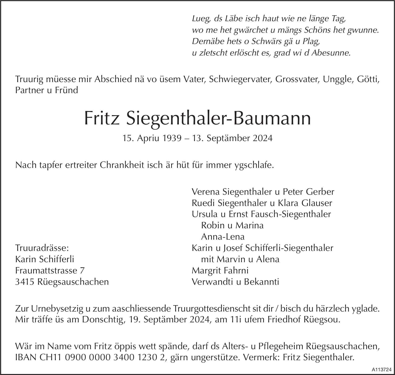 Fritz Siegenthaler-Baumann, September 2024 / TA