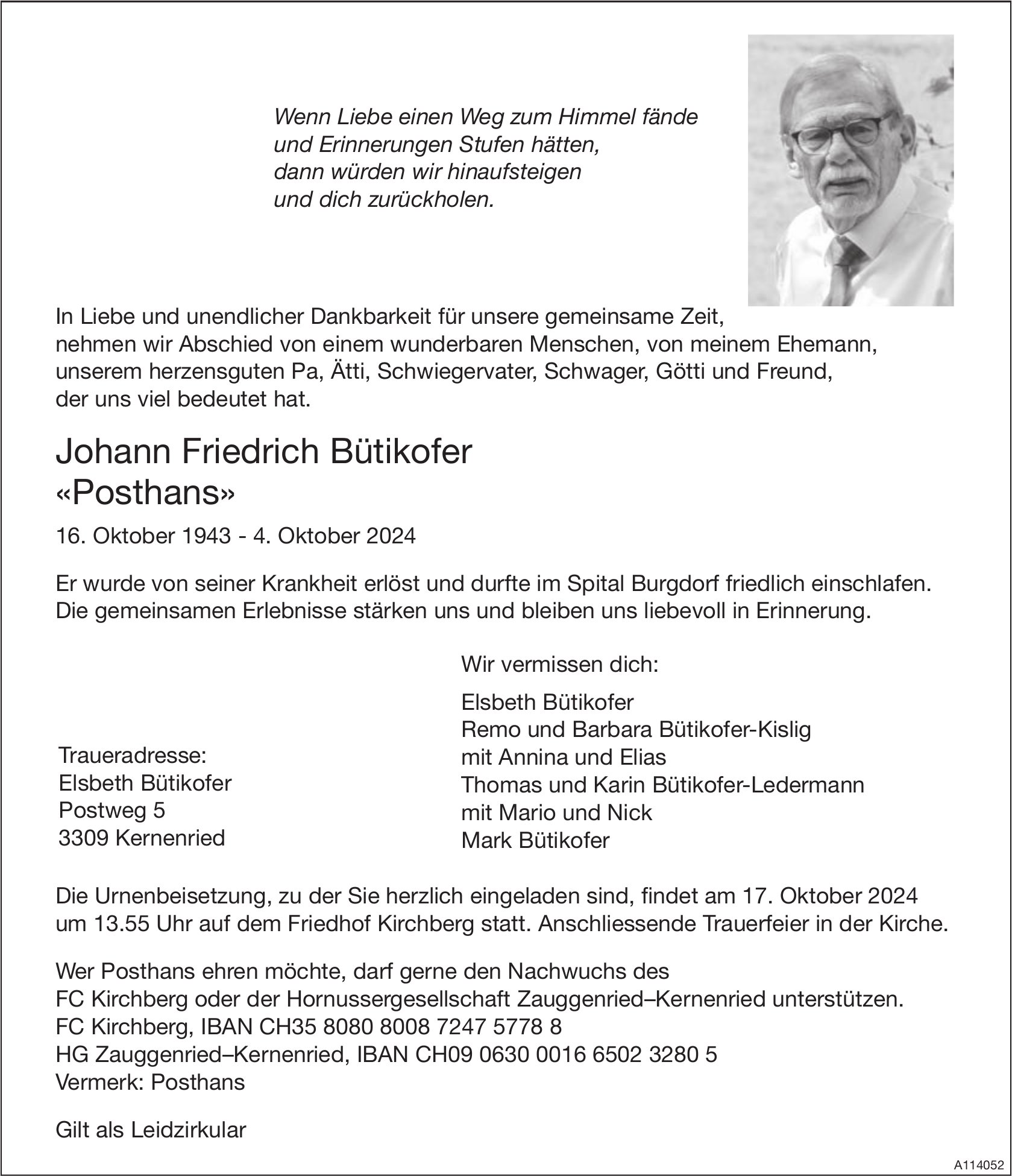 Johann Friedrich Bütikofer «Posthans», Oktober 2024 / TA